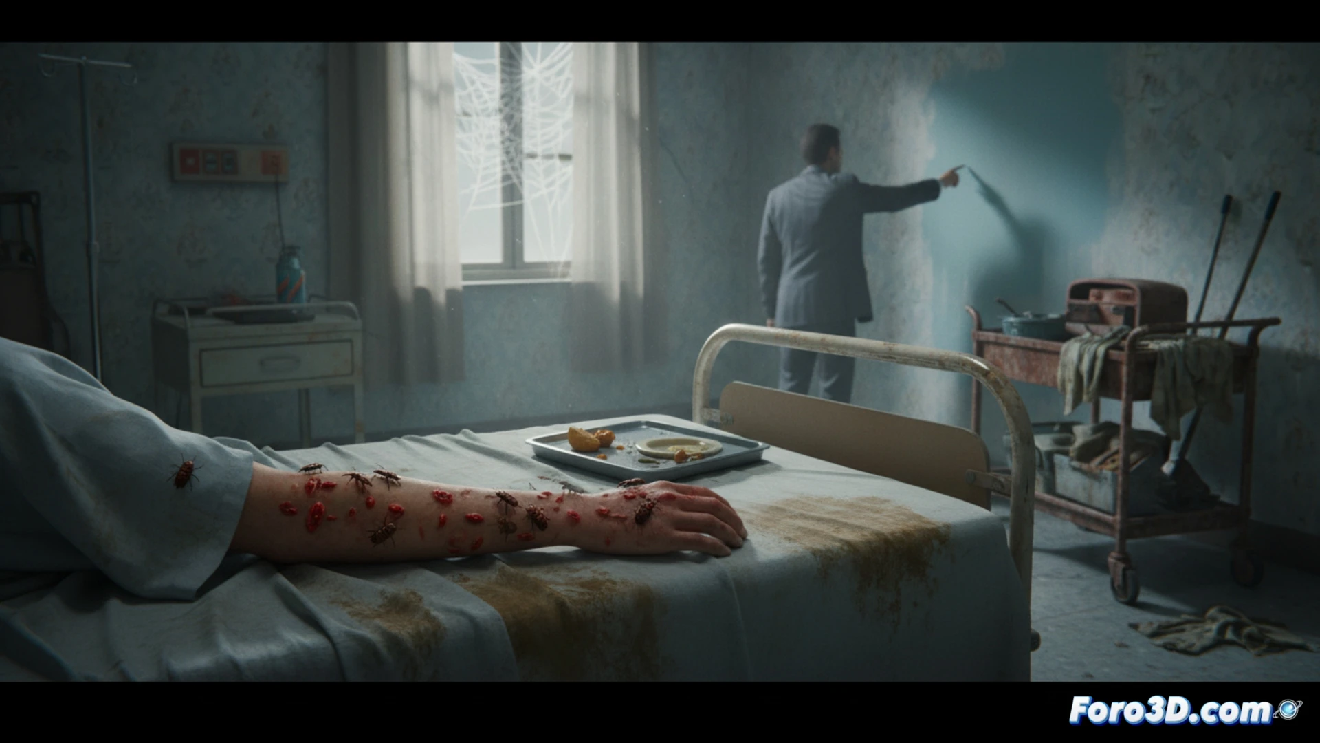 Photorealistic hospital room interior, close-up of a hospital bed edge with a single bed bug crawling near a torn seam, a nurse’s hand holding a magnifying glass revealing the insect, background showing a neglected corner with cracked wall paint and a loose electrical outlet, dust particles suspended in air, cold fluorescent lighting casting harsh shadows, clinical atmosphere with a broken IV stand in the distance, technical inspection scene demonstrating hidden hygiene failure, cinematic medical documentary style, ultra-detailed texture of fabric and insect exoskeleton