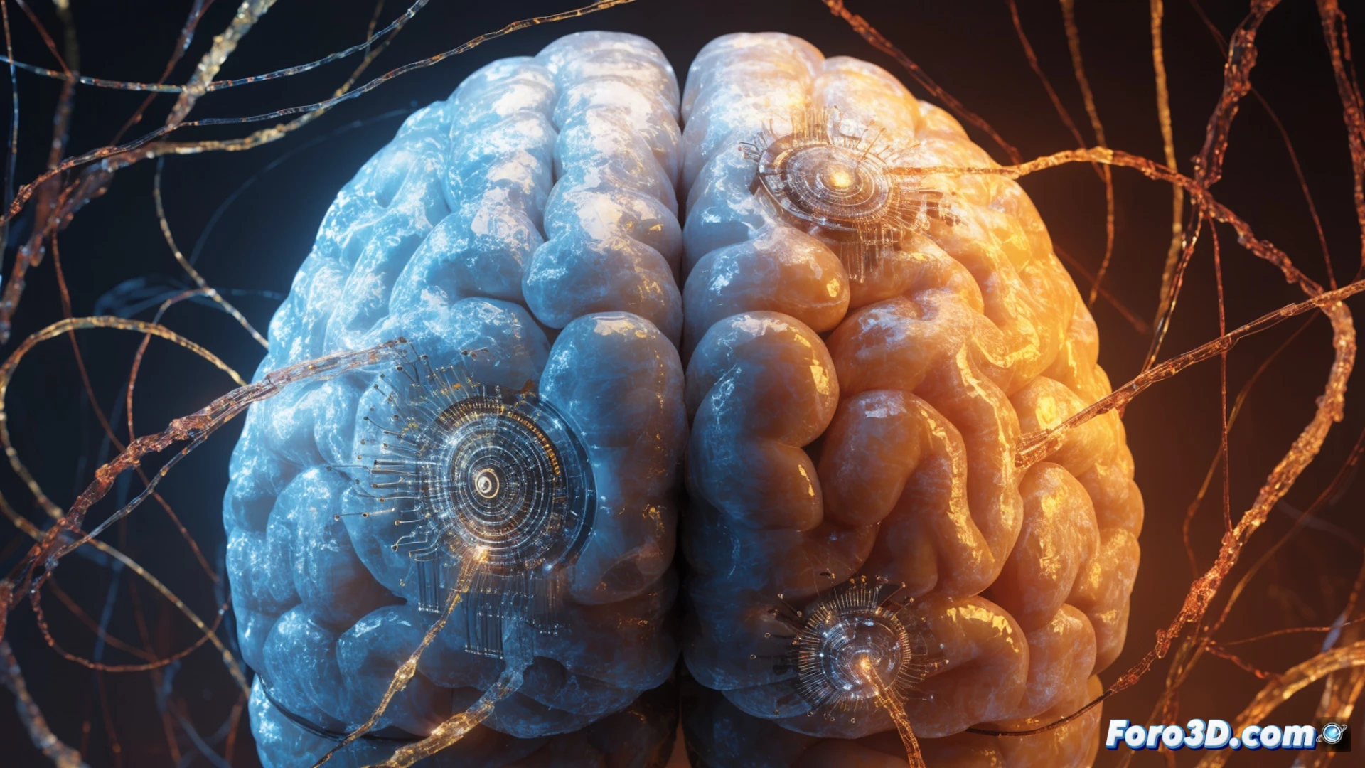 Fotorealismo cinematográfico, primer plano de una mano robótica translúcida sosteniendo un diminuto chip neuronal plateado sobre un cráneo humano abierto, diminutos electrodos flexibles descendiendo hacia la corteza cerebral iluminada, ondas de datos azules y naranjas fluyendo desde el chip hasta una pantalla holográfica que muestra sinapsis activas, fondo oscuro con reflejos metálicos, profundidad de campo reducida, texturas biológicas detalladas, iluminación quirúrgica fría, representación técnica de ingeniería neural avanzada.