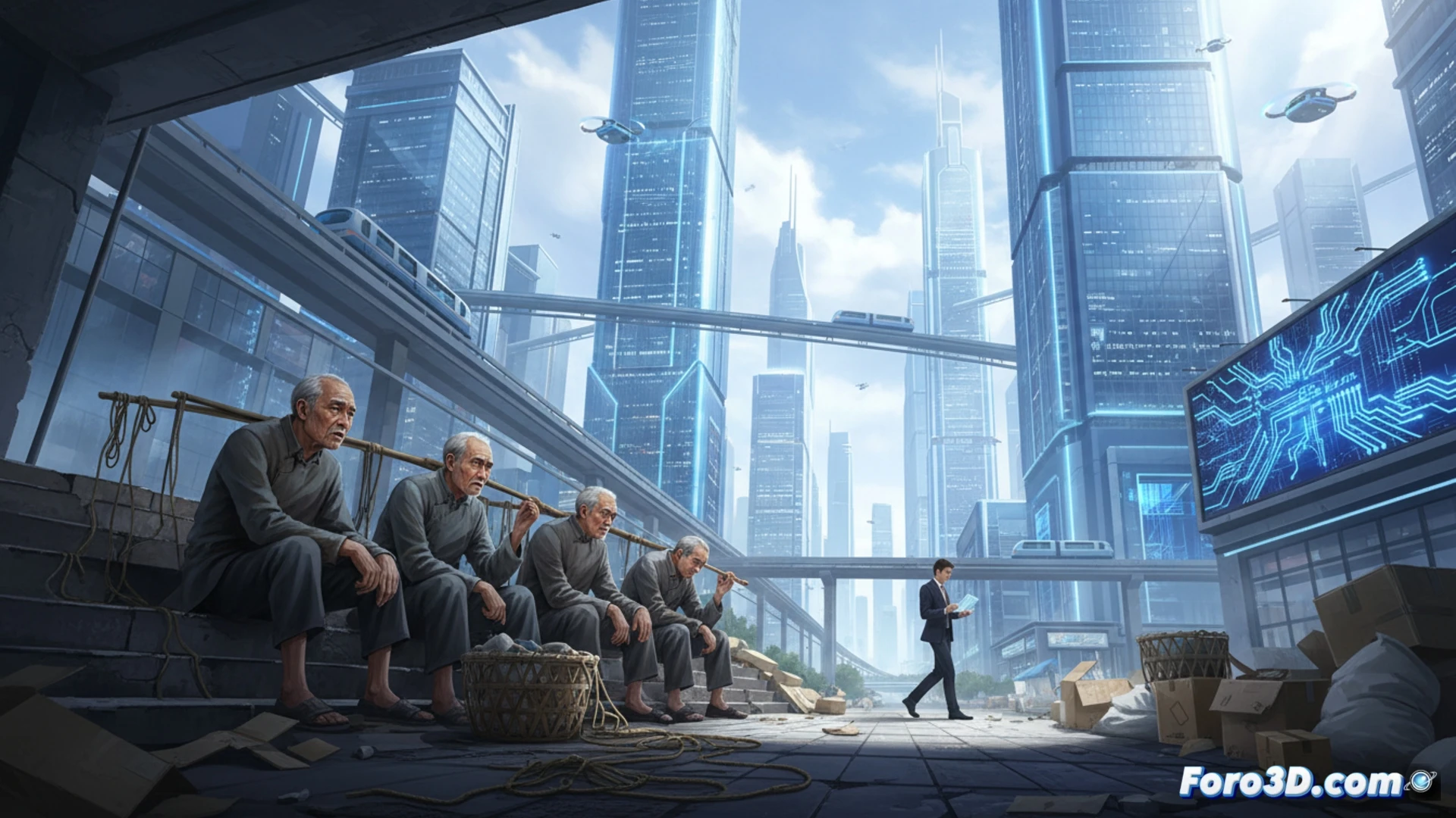 a bangbang porter climbing steep stone stairs in Chongqing, carrying a heavy bamboo pole loaded with boxes, modern glass skyscrapers and a futuristic monorail in background, contrast between old manual labor and new city infrastructure, worn-out hands gripping pole while digital payment screens glow on nearby storefronts, cinematic photorealistic style, dramatic golden hour lighting, deep shadows on stairs, sweat on skin, sharp focus on weathered tools vs sleek city elements, technical illustration with high detail on textures and urban geometry