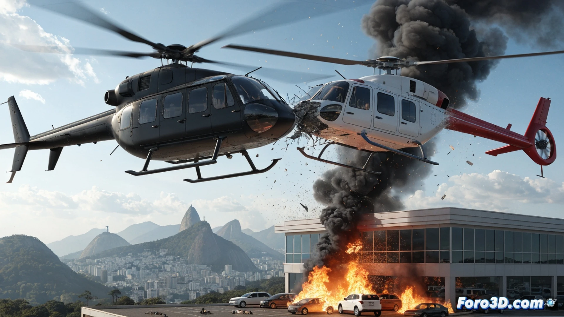 Aerial collision sequence over Rio de Janeiro, two helicopters mid-impact with rotor blades shredding and debris scattering, one aircraft exploding into fireball above a car dealership parking lot, burning vehicles beneath with flames spreading across asphalt, technical accident reconstruction visualization, cinematic photorealistic style, smoke trails and fiery fragments during descent, twisted metal and shattered glass on ground, realistic lighting from explosion and sunset, ultra-detailed mechanical wreckage, dramatic urban background with hills and buildings, forensic engineering illustration