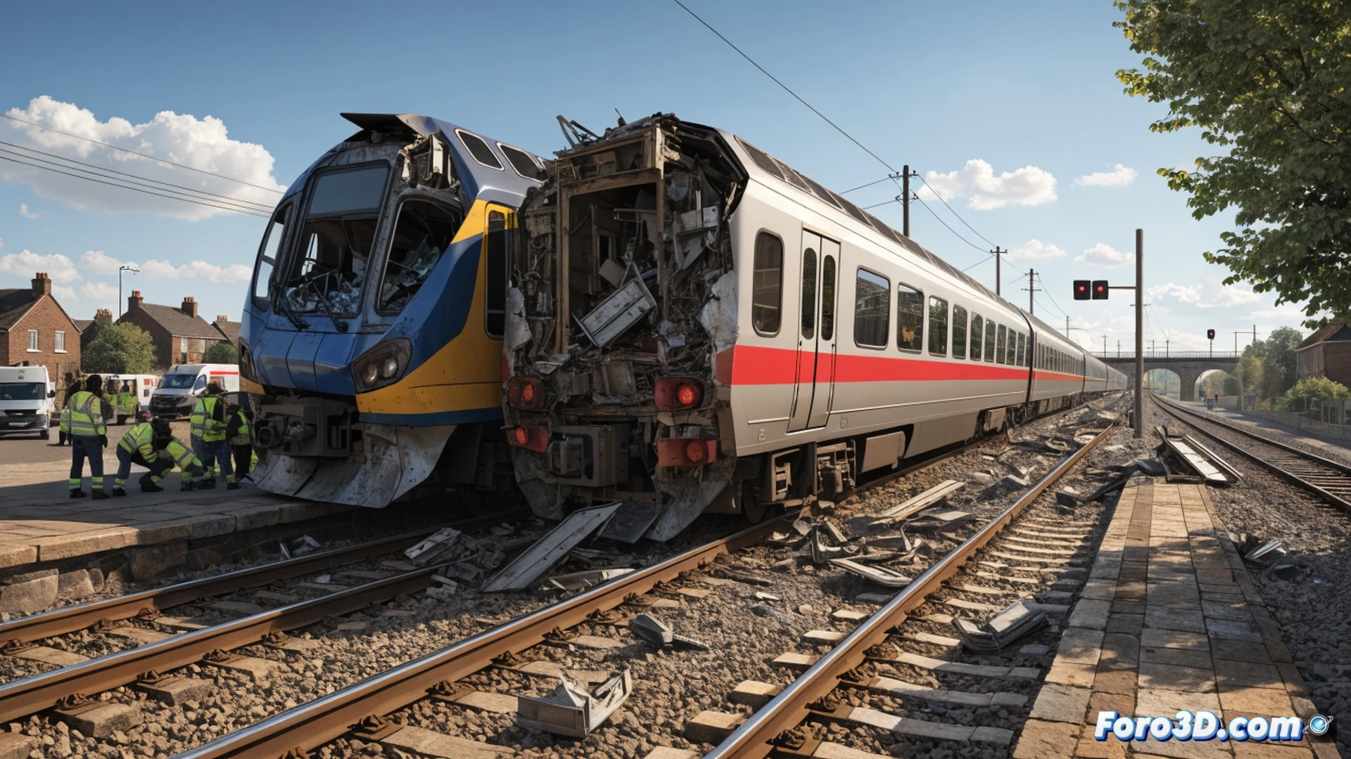 rear-end collision between two trains on a railway track near Bedford UK, front train stationary with emergency brake sparks visible, rear train crumpled into it at angle, twisted metal and shattered glass debris scattered, rescue workers in hi-vis jackets running toward wreckage, smoke rising from damaged locomotive, overhead power lines sagging, cinematic photorealistic engineering visualization, dramatic overcast sky, wet rails reflecting grey light, ultra-detailed mechanical destruction, industrial accident scene, no text or numbers