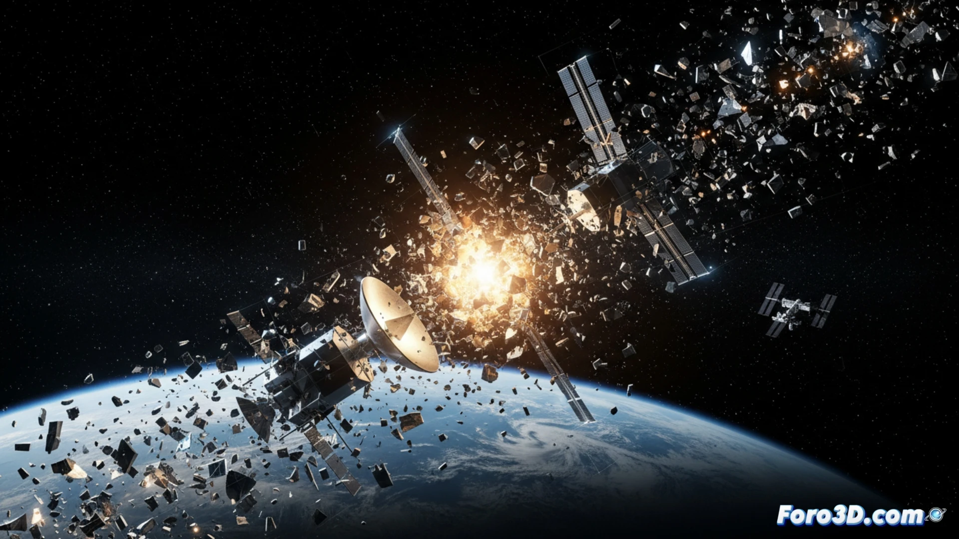 Simulación 3D de colisión satelital con nube de escombros en órbita baja terrestre