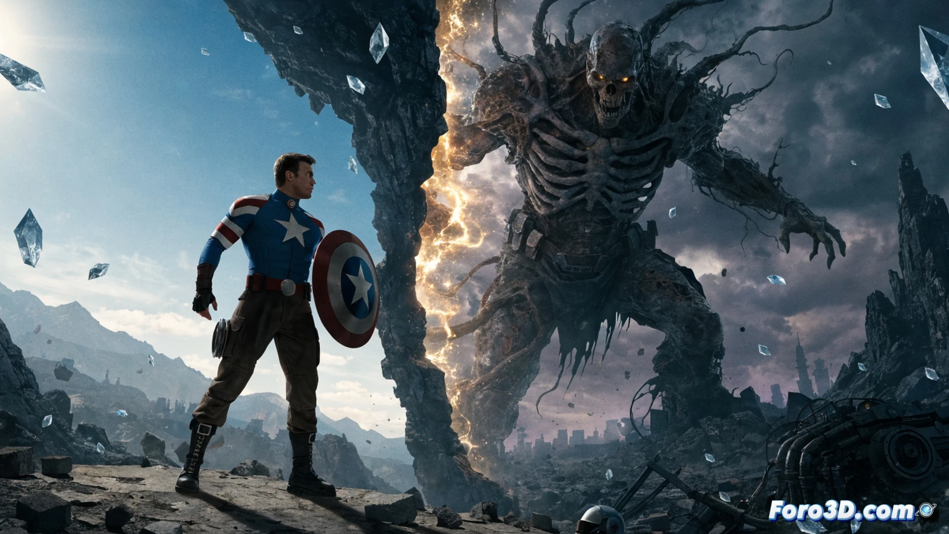 cinematic wide shot of Steve Rogers in his Avengers suit standing on a futuristic laboratory platform, holographic display showing quantum tunnel schematics and shield fragmentation analysis, glowing blue energy arcs surrounding him while nanotech repair tools float in midair, photorealistic render, dramatic side lighting, metallic surfaces reflecting digital readouts, motion blur on holographic data streams, technical engineering visualization, ultra-detailed suit texture, dark industrial background with suspended particle effects