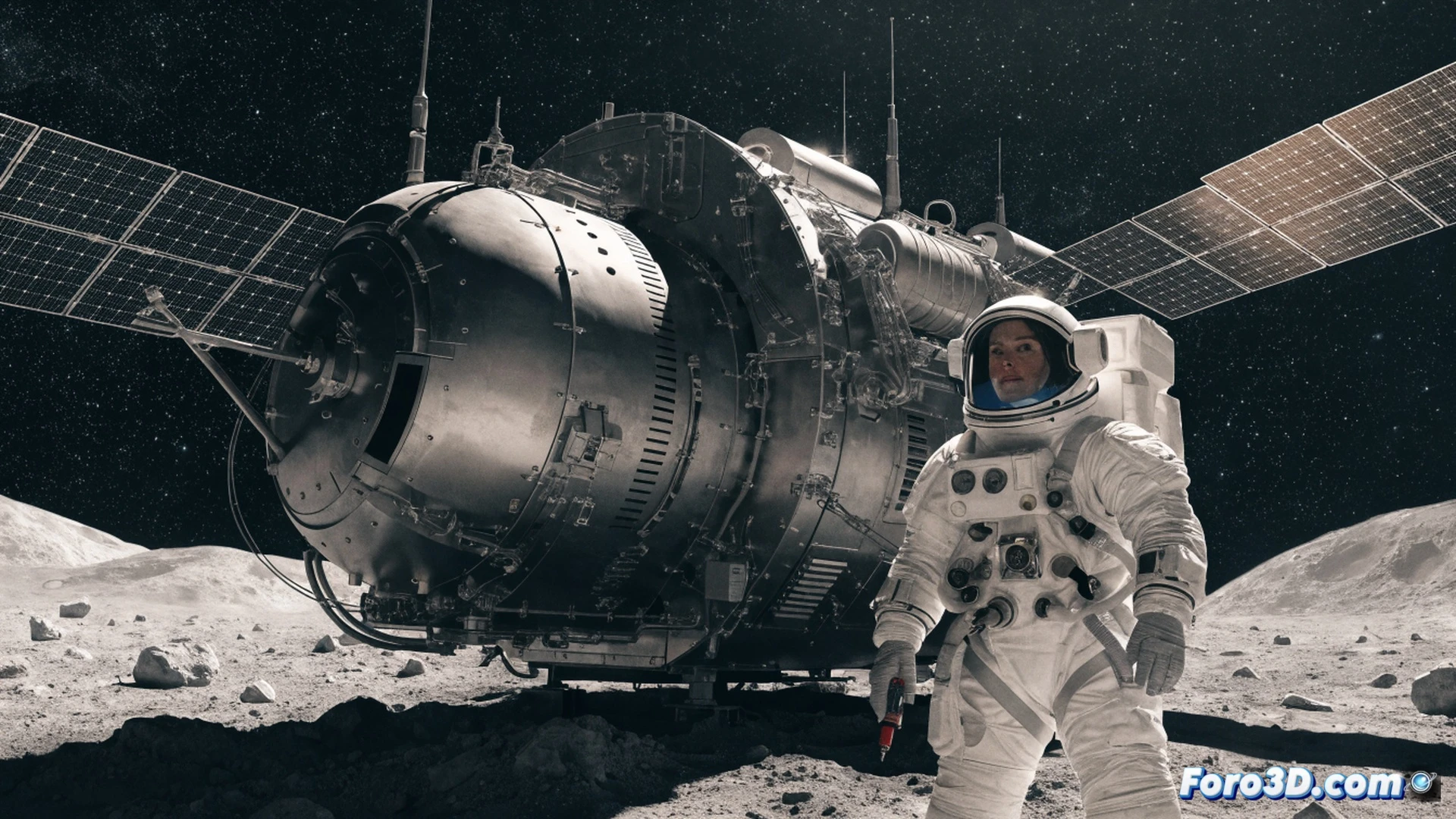 astronauta Christina Koch en traje espacial blanco, flotando en gravedad cero dentro de la nave Orion durante la misión Artemis II, panel de control digital iluminado con gráficos de trayectoria lunar, cables y conectores metálicos visibles, manos ajustando un módulo de experimento científico, ventana redonda mostrando la superficie gris de la Luna al fondo, estilo cinematográfico fotorrealista, iluminación azul fría de cabina, reflejos en el visor del casco, detalles técnicos de hardware espacial, composición dinámica de acción mientras la astronauta demuestra una maniobra de navegación, simulación de ingravidez