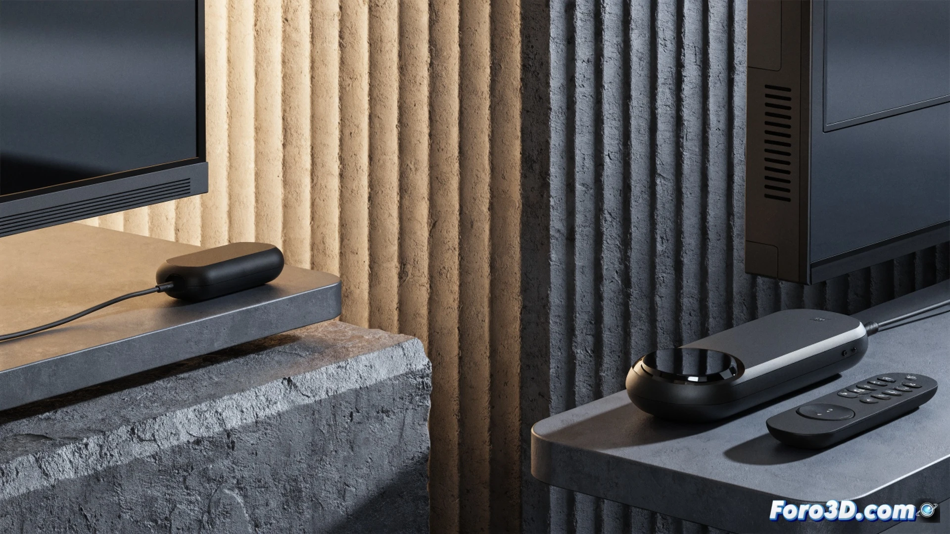 Two Chromecast devices side by side on a wooden desk, left model showing a smartphone casting a Netflix logo to a TV screen via Wi-Fi waves, right model displaying a Google TV interface with a remote control held mid-air, user finger pressing a button, action of streaming content flowing from the remote to the screen, cinematic technical illustration, glowing blue data streams connecting phone to dongle, sleek minimalist hardware, dramatic side lighting, photorealistic render, ultra-detailed plastic textures and HDMI ports, contrasting usage scenarios demonstrated in one frame