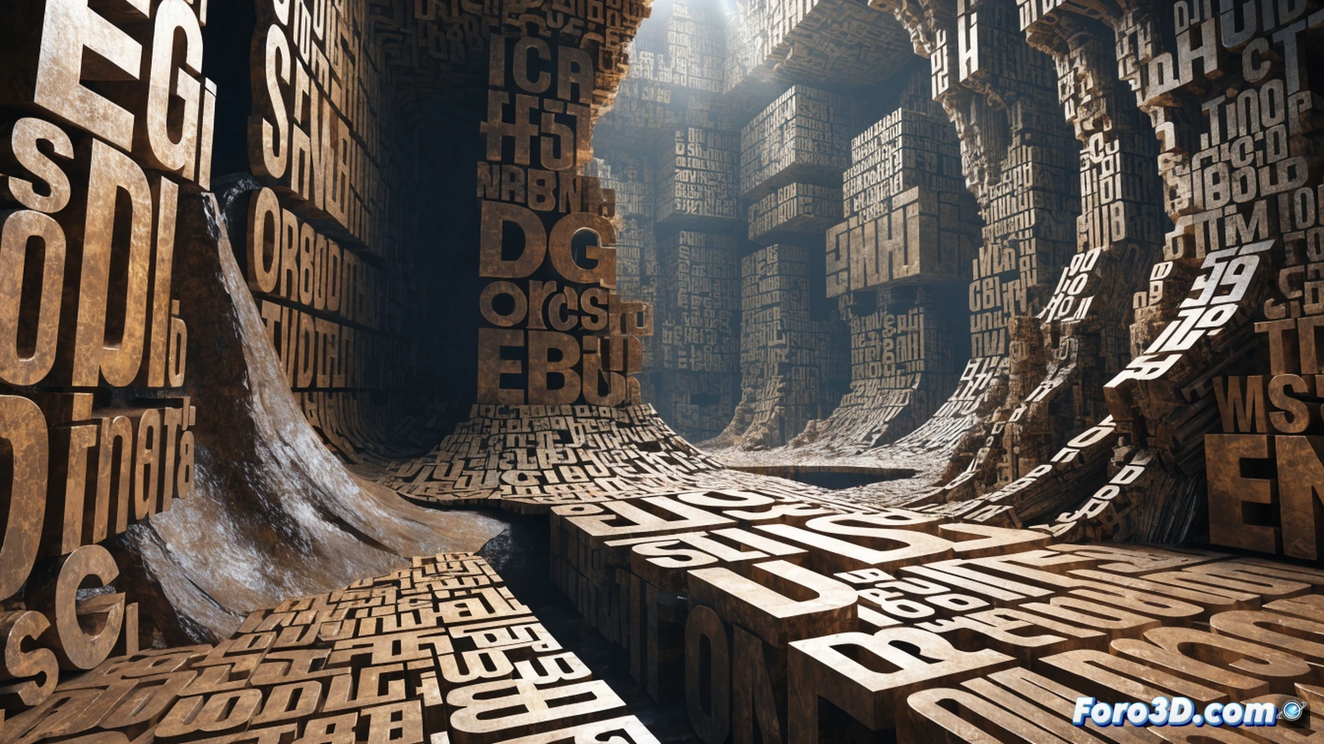 cinematic wide shot of a vast stone cathedral collapsing into floating letter fragments, walls dissolving into spiraling typographic particles mid-explosion, central figure standing on a platform made of stacked manuscript pages while holding a glowing digital pen, surrounding environment shifting from solid architecture to scattered glyphs, unreal engine volumetric lighting through dust clouds, dark blue and gold color palette, holographic grid lines tracing the destruction path, photorealistic architectural decay mixed with abstract text particles, dynamic motion blur on crumbling edges, technical visualization of narrative deconstruction