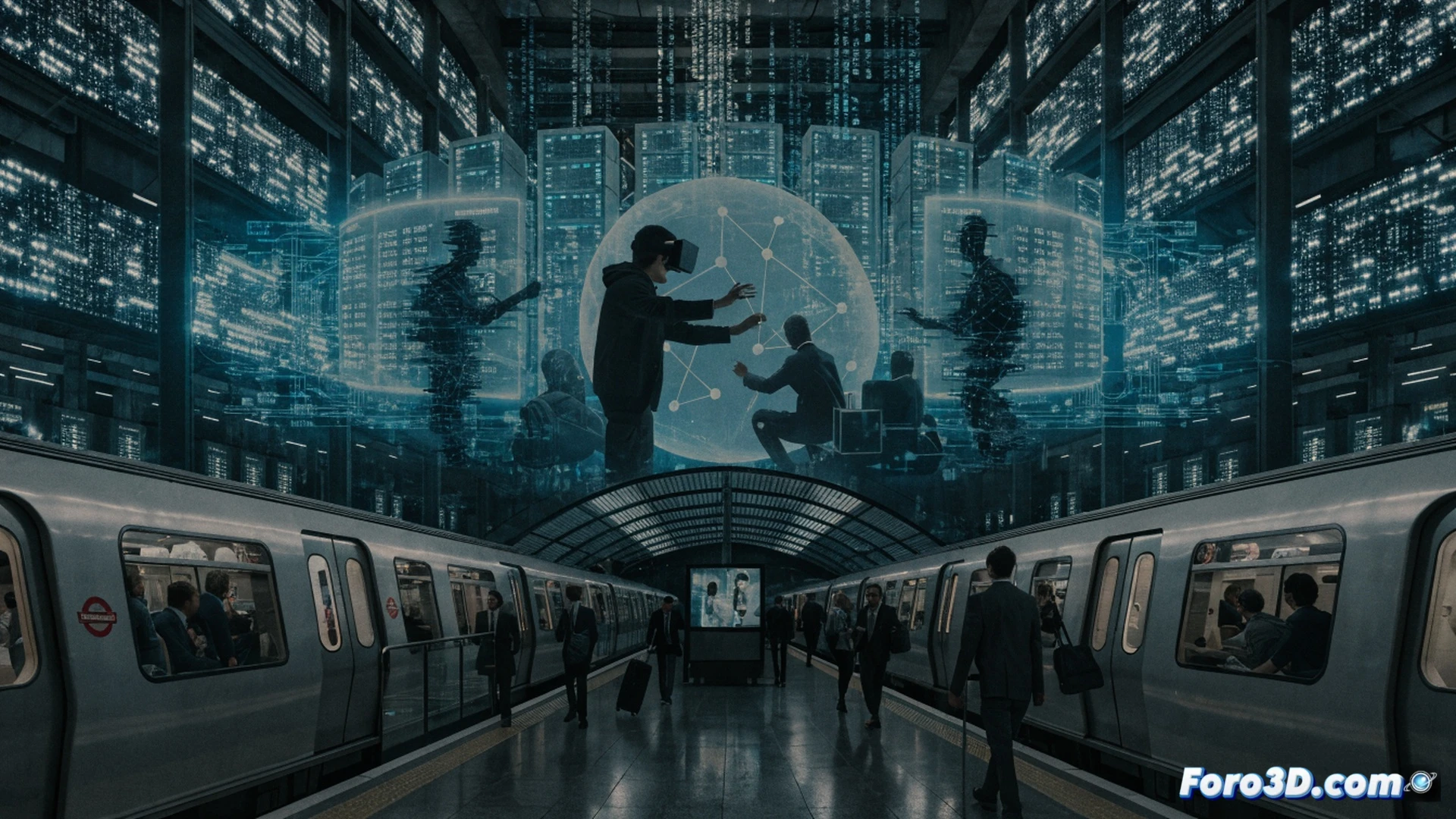 Ciberseguridad preventiva ignorada, servidores de TfL con grietas digitales brillantes, un candado roto sobre un panel de control de metro, ingenieros revisando cables y routers oxidados mientras una pantalla muestra un escudo de seguridad apagado, fondo de túneles oscuros con señales de tren parpadeando en rojo, cinematic technical illustration, contraste dramático entre zonas protegidas y vulnerables, iluminación industrial fría, textura metálica desgastada, atmósfera de crisis inminente, photorealistic engineering visualization.
