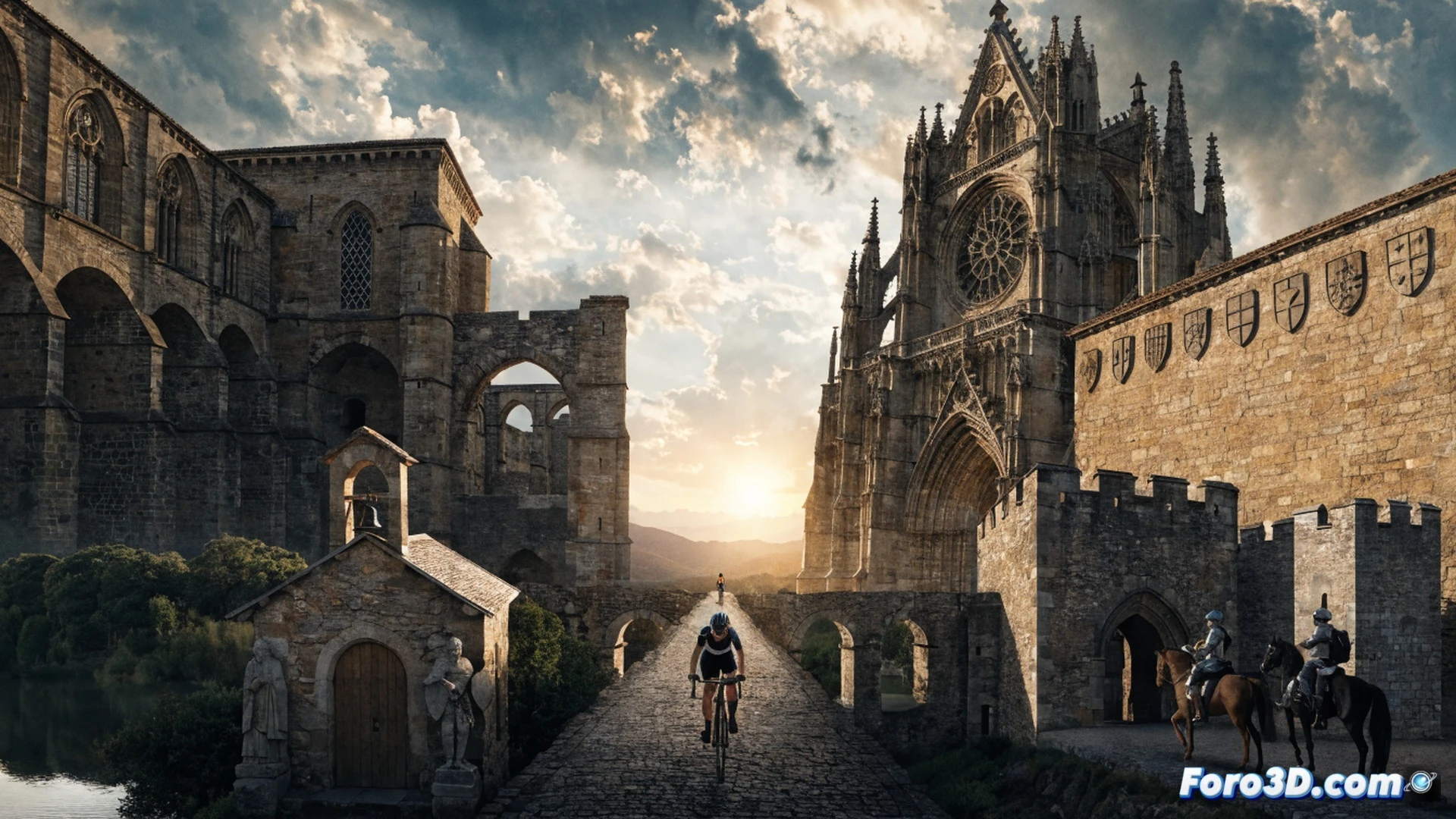 mountain cyclist pedaling on a dusty medieval stone bridge connecting two hilltop castles, bicycle pannier loaded with historical guidebooks and water bottles, gear mechanism mid-shift during steep ascent, cinematic photorealistic landscape, golden hour sunlight casting long shadows over monastery ruins in the distance, chain and derailleur reflecting warm light, gravel dust particles suspended in air, dramatic contrast between ancient stone and modern bicycle components, wide-angle action shot showing the full route panorama