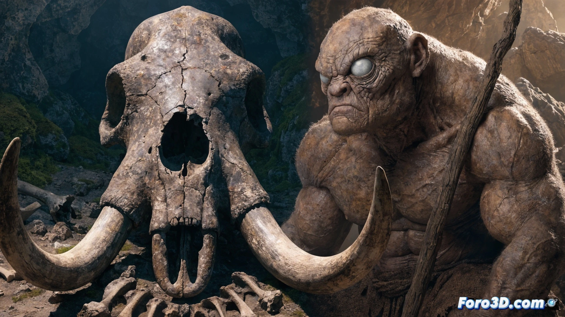 Ancient fossilized mammoth skull excavation scene, paleontologists brushing sediment from a large central nasal cavity resembling a single eye socket, measuring tools and field notebooks nearby, sunlight casting long shadows across the dig site, skull partially embedded in rocky terrain, scientific equipment including brushes and chisels visible, cinematic photorealistic style, dramatic golden hour lighting, detailed bone texture showing fossilized cracks and mineral deposits, action of cleaning and exposing the skull, demonstrating the anatomical illusion connecting myth to science