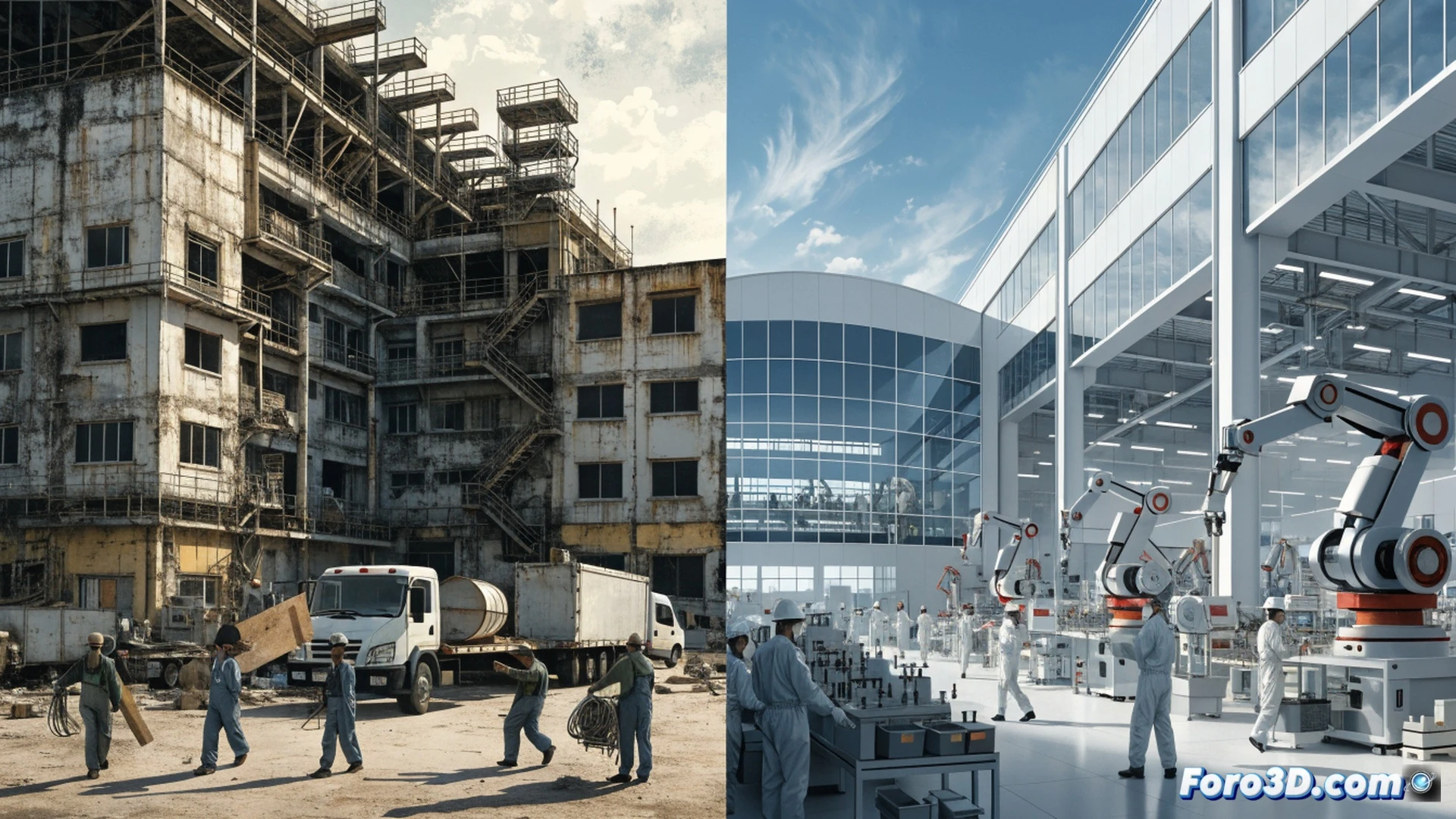 industrial factory floor in Tunisia with empty assembly lines and disconnected robotic arms, workers in blue uniforms boxing equipment into crates, forklift moving pallets labeled with Moroccan flag stickers, glowing digital map on a wall showing production flow shifting from Tunis to Berrechid and Témara, cables being unplugged from control panels, dust motes in harsh overhead fluorescent light, cinematic photorealistic engineering visualization, cold metallic tones, abandoned workstation monitors displaying shutdown sequences, subtle red warning lights on idle machinery, dramatic shadows emphasizing transition and loss