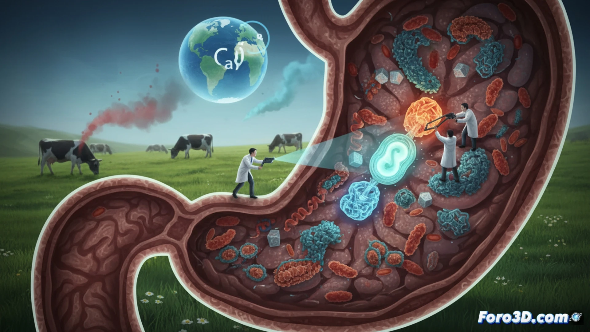 Close-up cutaway view of a cow's stomach interior, a glowing biological hydrogen-methane switch mechanism being deactivated by blue additive particles mixed with green feed, methane gas bubbles dissolving into harmless vapor, microscopic enzyme structures surrounding the hydrogen body, cinematic engineering visualization, photorealistic biological render, soft organic lighting with metallic sheen, detailed tissue textures, action of gas suppression in progress, scientific laboratory atmosphere