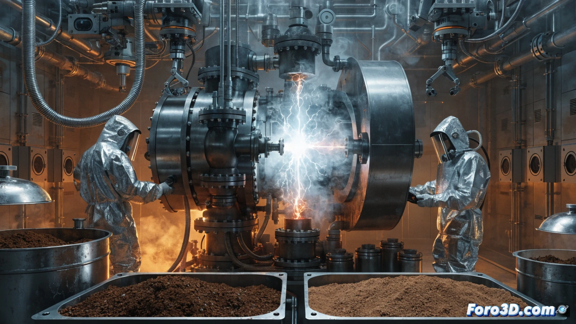 bioreactor de plasma convirtiendo borra de café húmeda en biocombustible, interior metálico iluminado por resplandor anaranjado de 900 grados, residuos de café entrando por tolva superior mientras plasma azul-violeta descompone la materia orgánica, tuberías extraen combustible líquido hacia tanques de almacenamiento, ingenieros observando pantallas táctiles con gráficos de proceso en tiempo real, estilo cinematográfico fotorrealista, iluminación dramática industrial, texturas de acero inoxidable y vidrio templado, vapor y partículas brillantes suspendidas en el aire, detalles hiperrealistas de válvulas y sensores, render técnico de ingeniería
