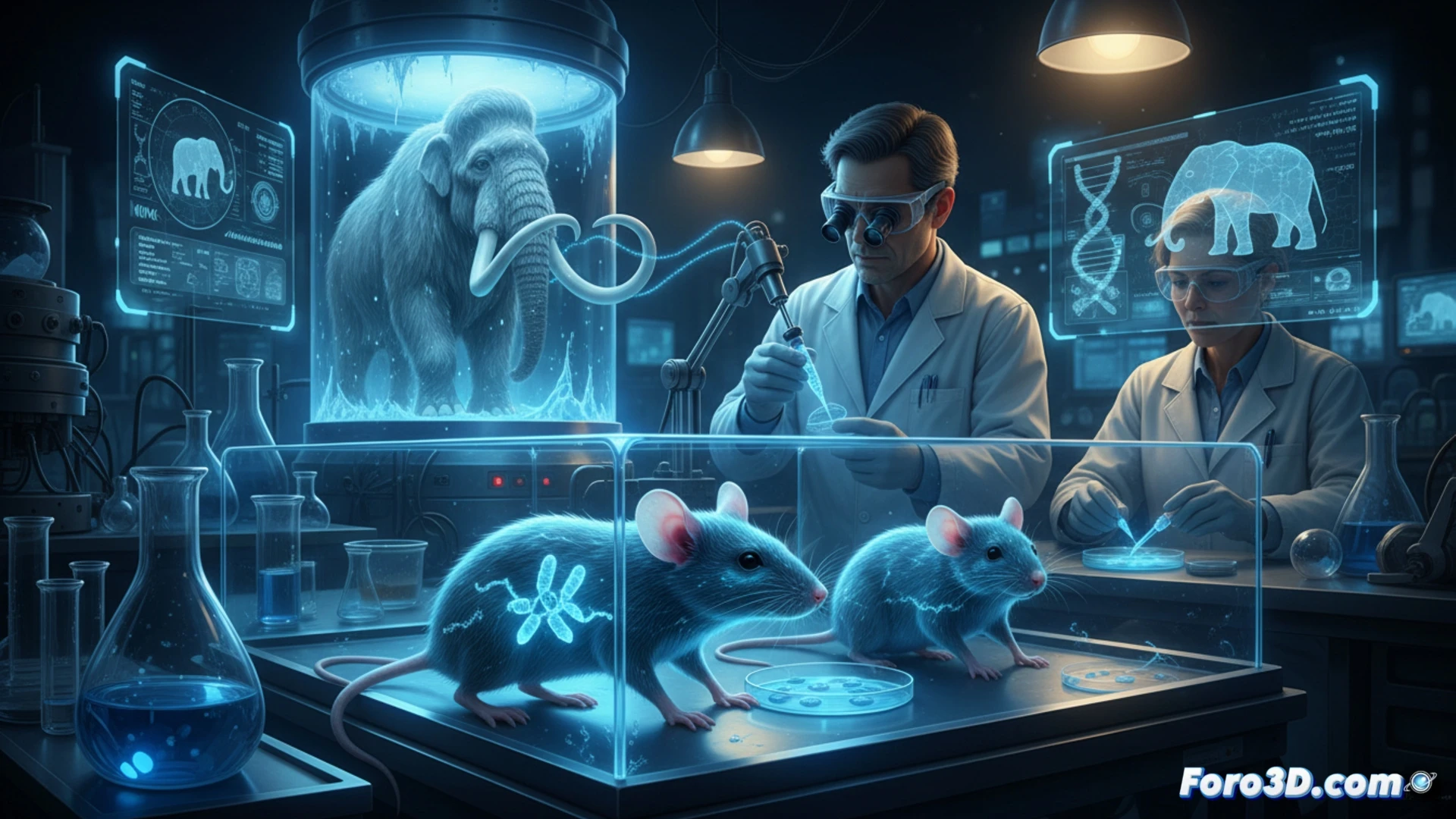 Criopreservación de cromosoma de rata en nitrógeno líquido, jeringa de microinyección extrayendo material genético, células de ratón en placa de Petri bajo microscopio electrónico, brazo robótico manipulando aguja de vidrio, proceso de inserción cromosómica mostrando fusión nuclear, fondo oscuro de laboratorio con luces LED azules, vapor criogénico elevándose, detalle de doble hélice fluorescente durante transferencia, estilo ilustración técnica fotorrealista, iluminación dramática de laboratorio, textura metálica del equipo, alta definición en componentes celulares