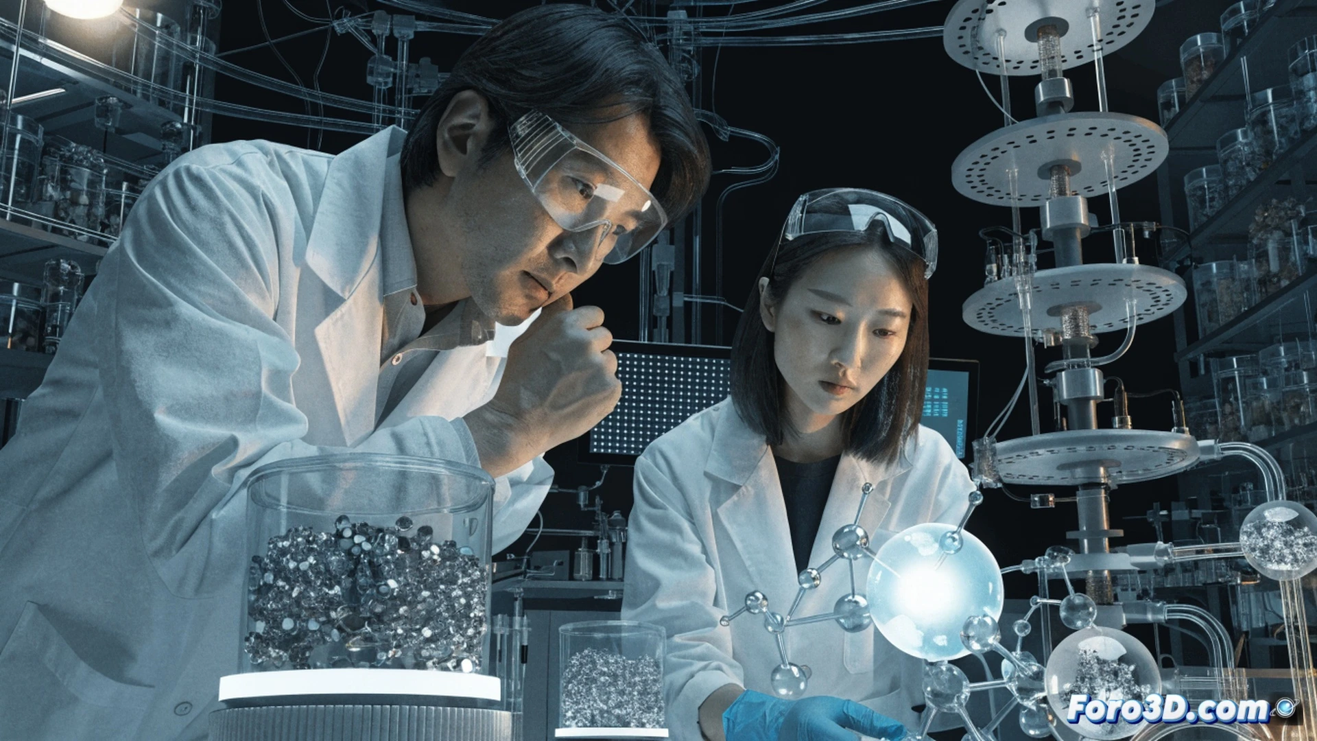 Japanese scientist in protective hazmat suit handling cyanide detection kit inside high-tech laboratory, portable spectrometer device displaying real-time chemical analysis results, glowing cyanide molecule structure floating above sensor array, rapid color-changing reagent test strips showing positive reaction, forensic police officer observing from background, emergency response scenario, intense focused lighting on equipment, metallic lab surfaces reflecting instrument lights, photorealistic technical illustration, cinematic angle, sharp details on molecular visualization, realistic safety goggles and gloves, dynamic action of sample injection process