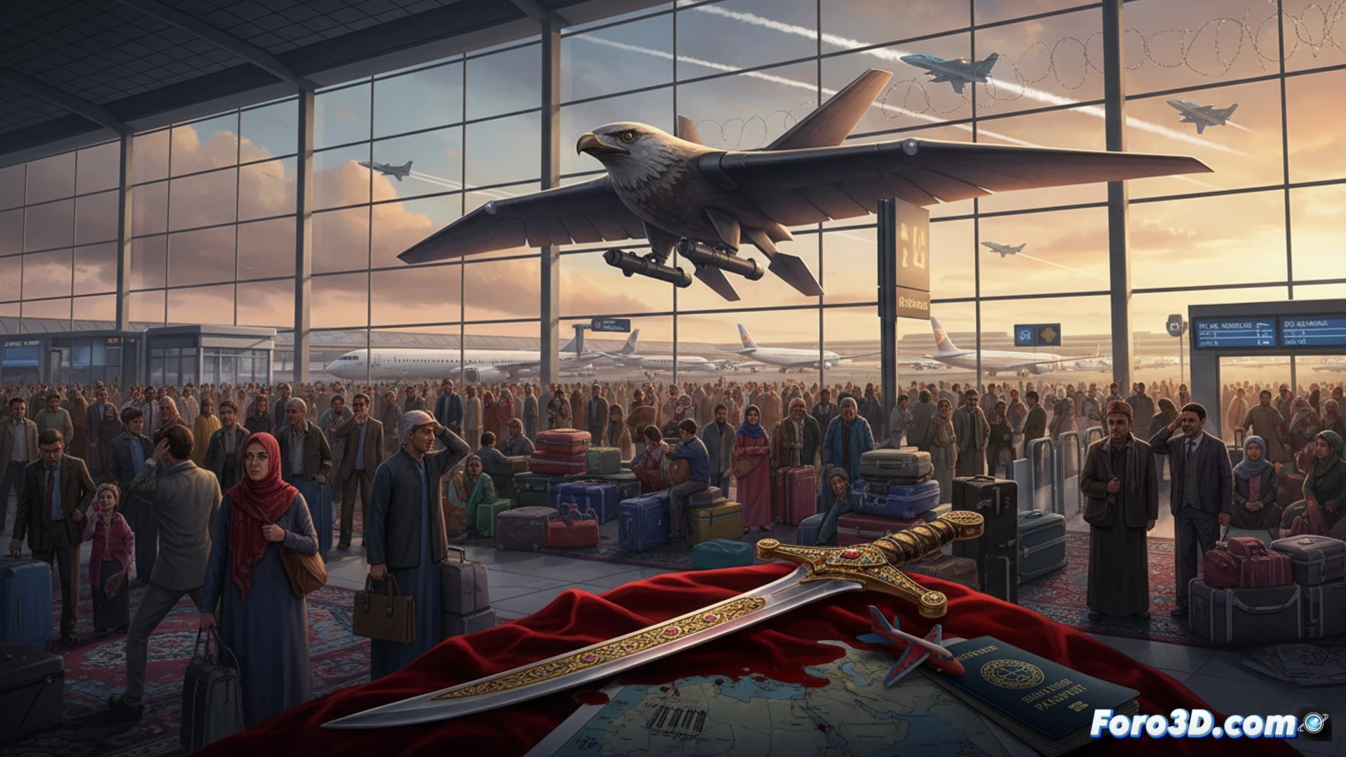 Kuwaiti airspace closure, commercial airliners grounded on tarmac under hazy midday sun, empty control tower screens showing offline radar, military fighter jets parked nearby with polished missiles visible, contrast between idle civilian planes and armed military hardware, passengers waiting behind glass walls watching runways, cinematic photorealistic style, wide angle shot capturing airport infrastructure, dust haze over runway, metallic reflections on jet fuselages, deserted boarding gates, technical aviation visualization, dramatic stillness emphasizing operational paralysis