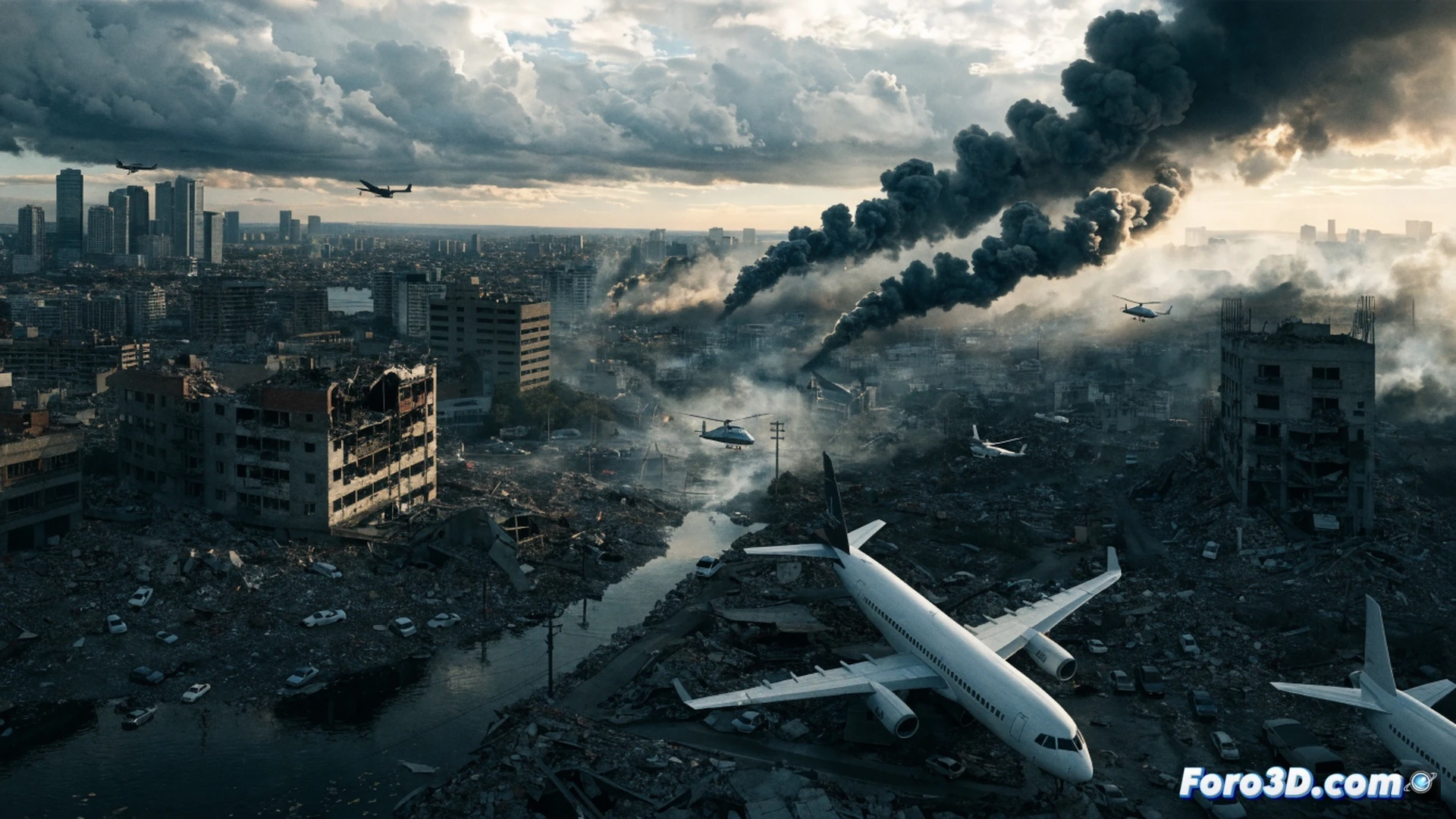 Commercial airplane cockpit view through windshield, runway blocked by barricade of concrete barriers and military vehicles, airport control tower in background with red warning lights flashing, empty departure lounge visible through terminal windows, abandoned luggage carts on tarmac, storm clouds gathering overhead, cinematic photorealistic style, dramatic chiaroscuro lighting, ultra-detailed aircraft instrumentation panel reflecting in glass, emergency vehicles with flashing beacons positioned across runway, demonstrating complete airspace lockdown during humanitarian crisis