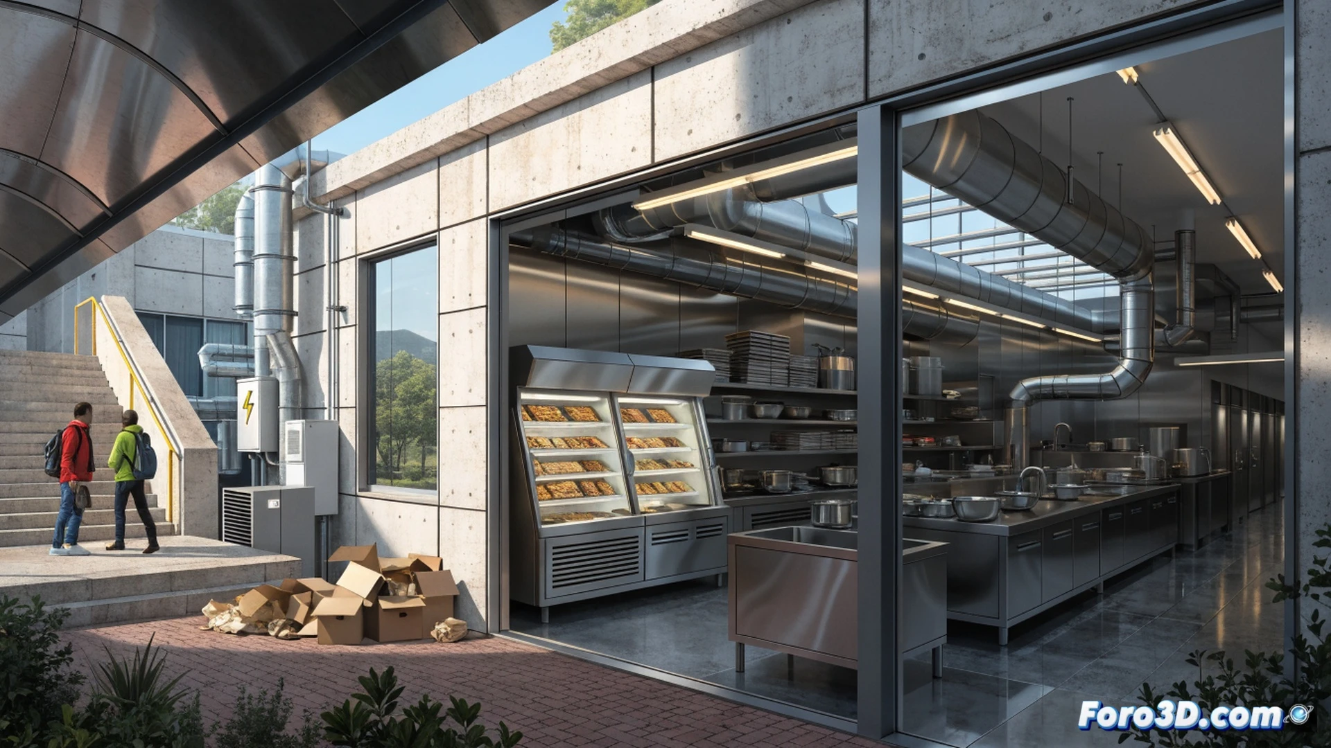 Cocina industrial cerrada con sellos de clausura oficiales, bandejas de comida apiladas junto a puertas selladas, termómetros digitales y registros de temperatura sobre mesas vacías, padres y niños mirando a través de una ventana de cristal, funcionarios revisando documentos de seguridad alimentaria, estilo cinematográfico fotorrealista, iluminación fría de fluorescentes apagados, sombras alargadas de atardecer, texturas metálicas desgastadas, ambiente de incertidumbre y transparencia exigida