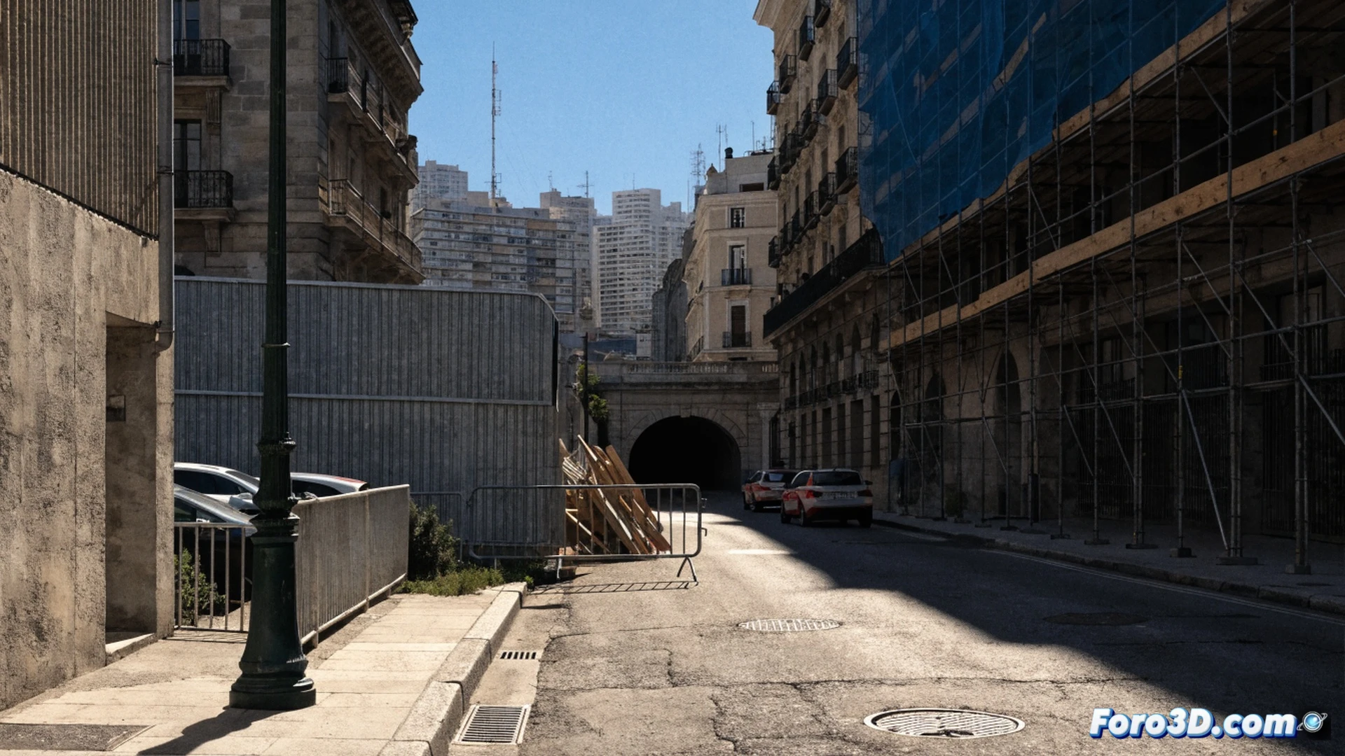 urban street construction scene, Pagés del Corro road blocked by orange traffic barriers and concrete blocks between Victoria and Evangelista, construction workers operating jackhammers and asphalt cutters while excavators dig trenches, warning signs and detour arrows directing cars into alternative routes, frustrated driver in a red car turning around, pedestrian walking on narrow sidewalk beside construction debris, dusty air, bright afternoon sunlight casting long shadows, cinematic photorealistic style, wide-angle lens capturing depth of blocked road and rerouted traffic flow, realistic textures of asphalt, metal barriers, and construction machinery
