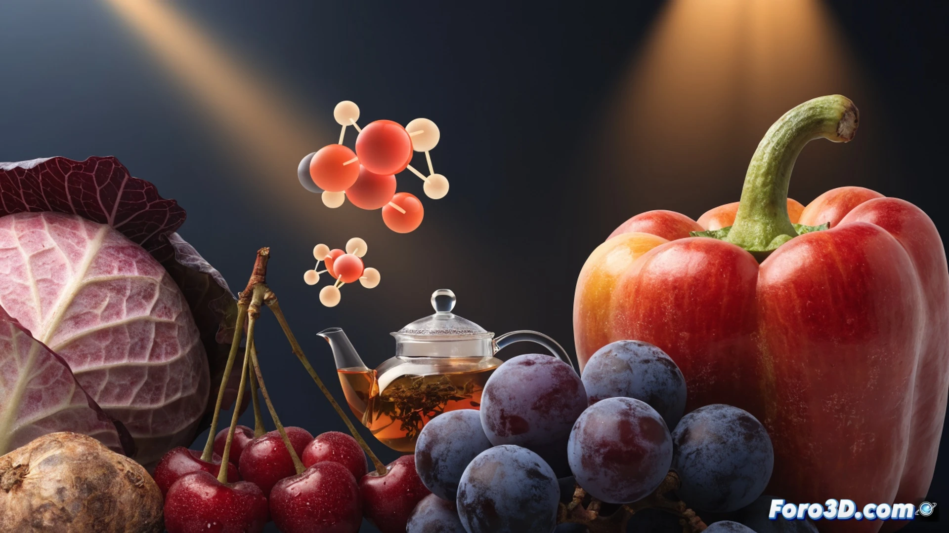 fresh organic cherries and grapes arranged on a polished wooden table beside a steaming ceramic teacup, while a scientist hand holds a magnifying glass over a digital tablet displaying a molecular structure of flavanol compounds, a small glass beaker with dark liquid extract stands nearby, soft natural light from a window illuminates the scene, photorealistic technical illustration, cinematic shallow depth of field, vibrant red and purple tones contrasting with green tea leaves scattered around, ultra-detailed fruit textures and glossy highlights, demonstrating the selection process of high-quality produce for optimal nutrient density