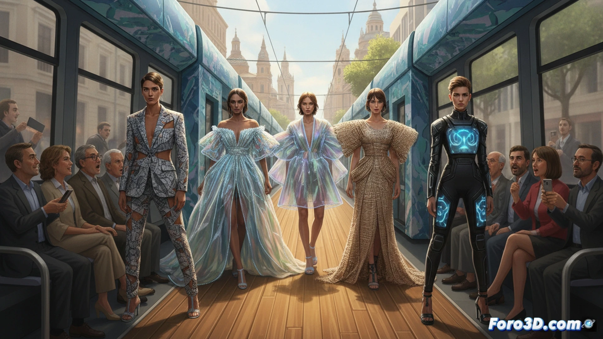 modern fashion models walking inside a moving tram carriage, Zaragoza tram interior with metallic handrails and digital route screens, models displaying avant-garde student-designed garments while standing between seats and poles, natural daylight streaming through large windows during transit between GranCasa and Parque Goya stations, surprised passengers in casual clothing watching from seats, motion blur visible through windows showing urban landscape passing by, cinematic photorealistic style, warm interior lighting contrasting with cool exterior daylight, detailed fabric textures and tram technical elements like overhead grab handles and ticket validator machines, dynamic composition capturing spontaneous runway moment inside a public vehicle, ultra-realistic rendering with shallow depth of field