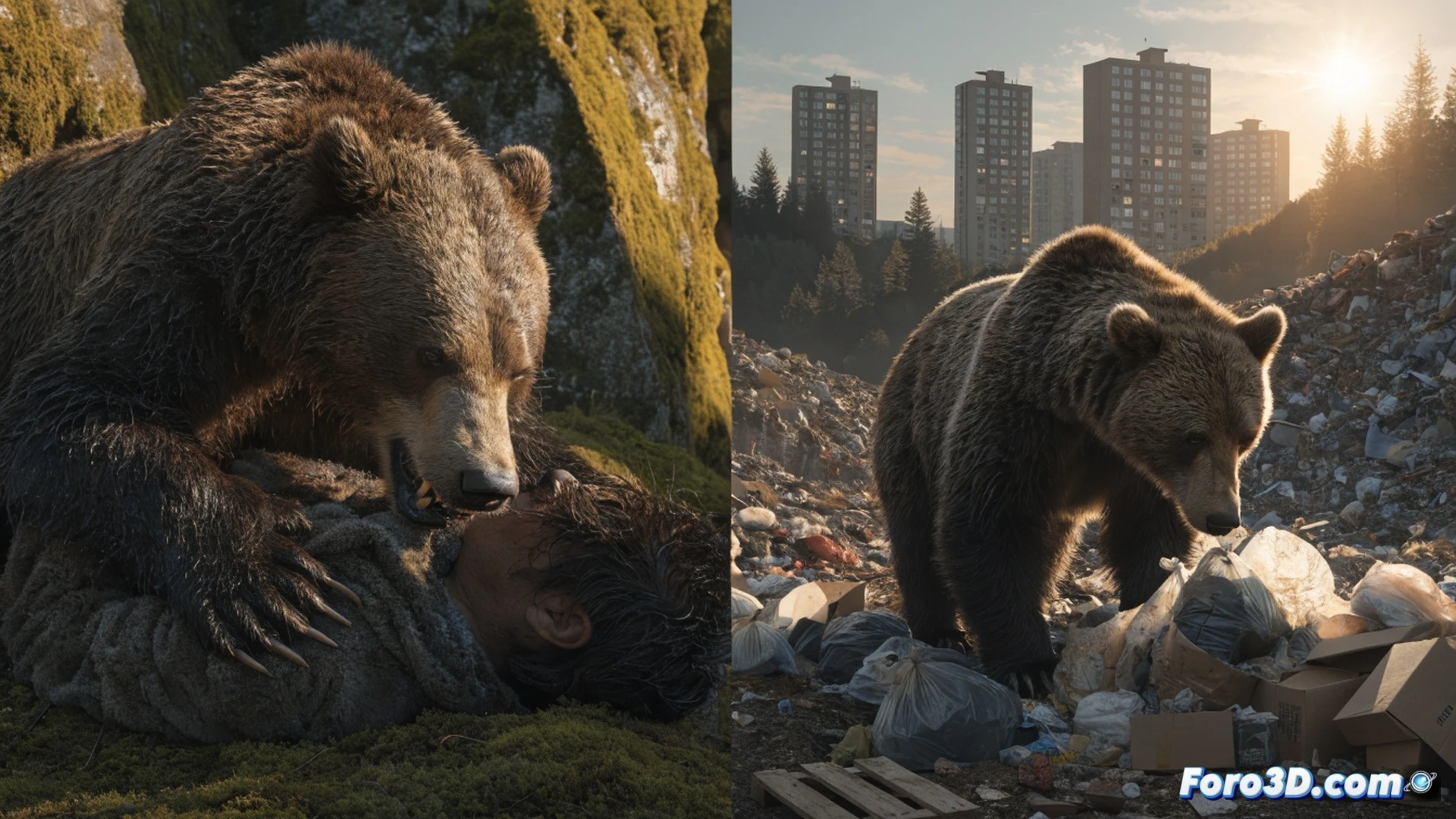 Cinematic wildlife safety scene at twilight, a large brown bear rummaging through an overturned metal trash bin near a suburban garden fence, scattered food waste and plastic bags on the ground, a human silhouette visible through a lit kitchen window in the background, bear showing no fear while approaching the house, warning sign on the fence post, realistic fur textures, glowing eyes reflecting ambient light, dramatic shadows from streetlamp, photorealistic technical illustration, tense atmosphere, ultra-detailed environmental render
