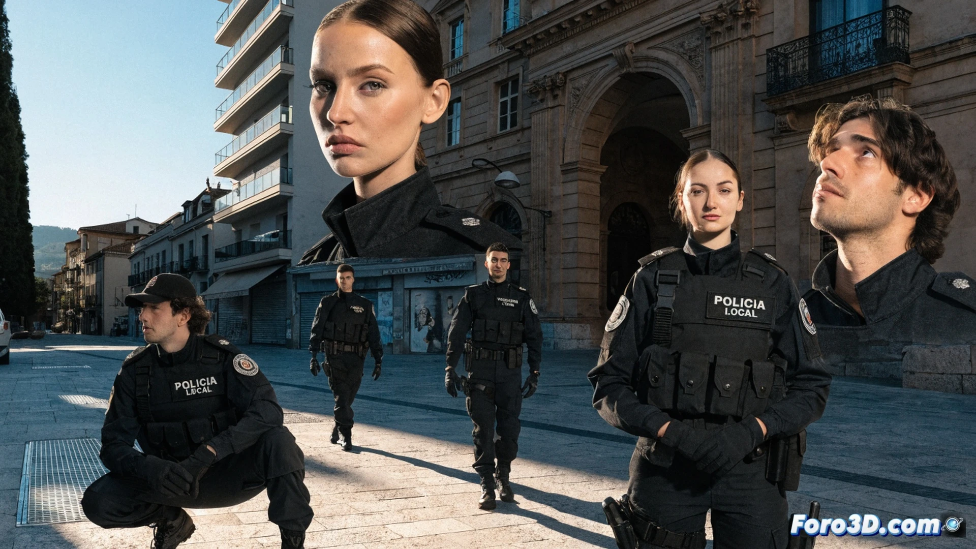 Photorealistic cinematic scene of five newly graduated police officers in crisp dark blue uniforms standing in formation at the IFISE training academy courtyard, each holding a tactical duty belt with handcuffs and radio, morning sunlight casting long shadows on polished stone pavement, a modern police patrol car with blue LED light bar parked behind them, officer in foreground adjusting his cap while others demonstrate confident posture, municipal building of Torrelodones visible in background with Spanish flag waving, technical details of body armor and badge insignia visible, dramatic golden hour lighting, ultra-detailed fabric textures and metallic reflections, realistic human expressions showing readiness and professionalism, wide-angle lens composition emphasizing teamwork and security reinforcement