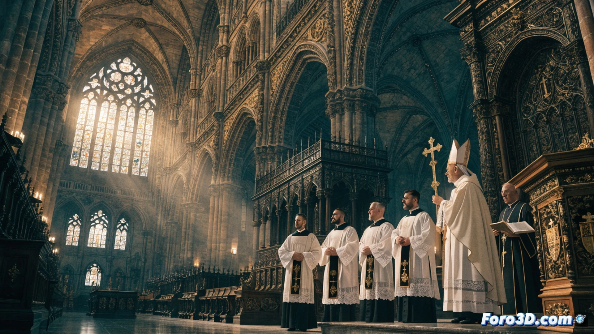 Cinco figuras masculinas jóvenes arrodilladas en semicírculo frente al altar mayor de la Catedral de Sevilla, manos extendidas mientras el arzobispo Saiz Meneses impone las palmas sobre cada cabeza durante el rito de ordenación, vestiduras litúrgicas blancas y doradas contrastando con el retablo gótico iluminado por velas, incienso elevándose en columnas de luz, vitrales traseros filtrando rayos solares, bancos de madera oscura con fieles observando, cámara lenta capturando el momento exacto de la imposición de manos, estilo cinematográfico hiperrealista, profundidad de campo amplia, texturas de telas y tallas doradas visibles, iluminación cálida de contraluz, composición simétrica solemne.