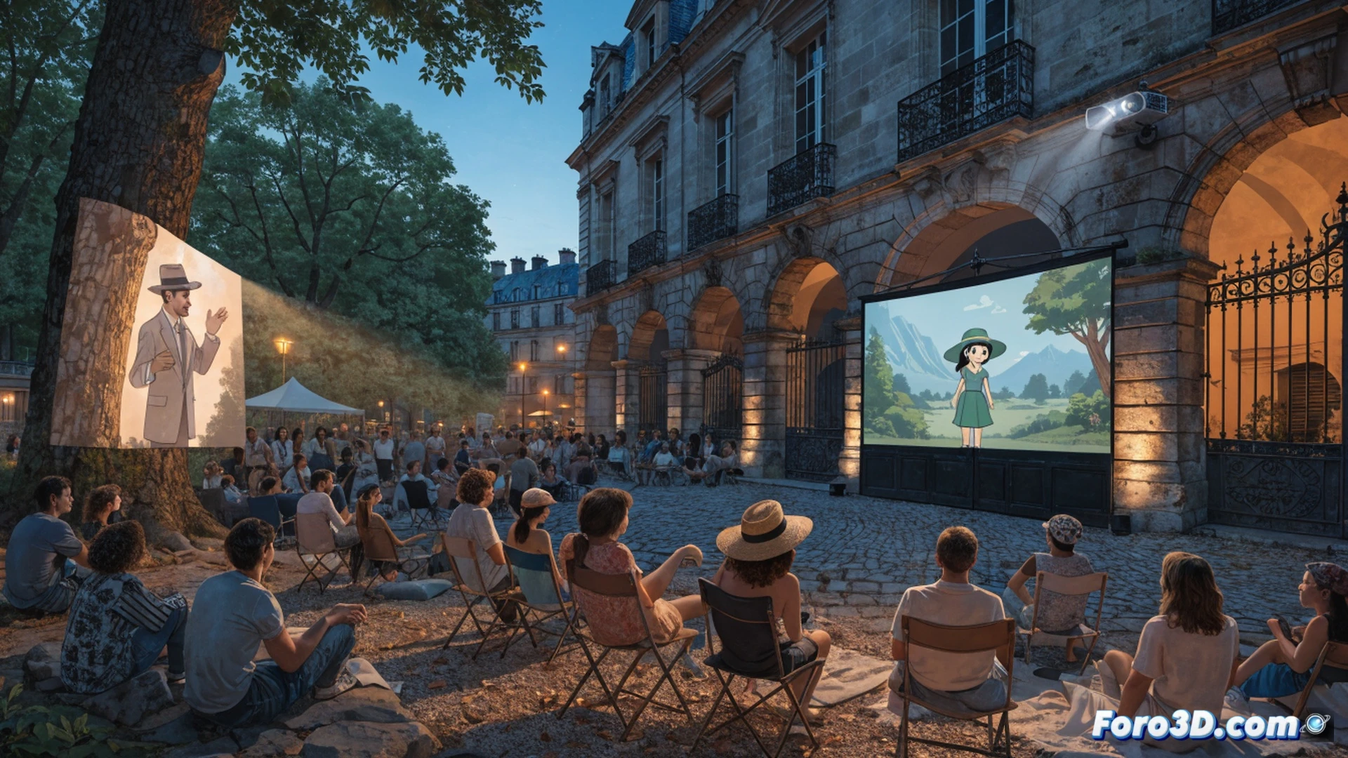 París square transformed into open-air cinema at dusk, large inflatable screen showing animated Miyazaki film, diverse audience sitting on grass and folding chairs, warm string lights hanging between trees, historic Haussmann building silhouetted in background, projector beam cutting through evening haze, families sharing picnic blankets, children watching mesmerized, soft golden hour fading into deep blue sky, cinematic photorealistic style, warm amber streetlamp glow, detailed crowd silhouettes, nostalgic summer evening atmosphere, technical precision in lighting and shadows