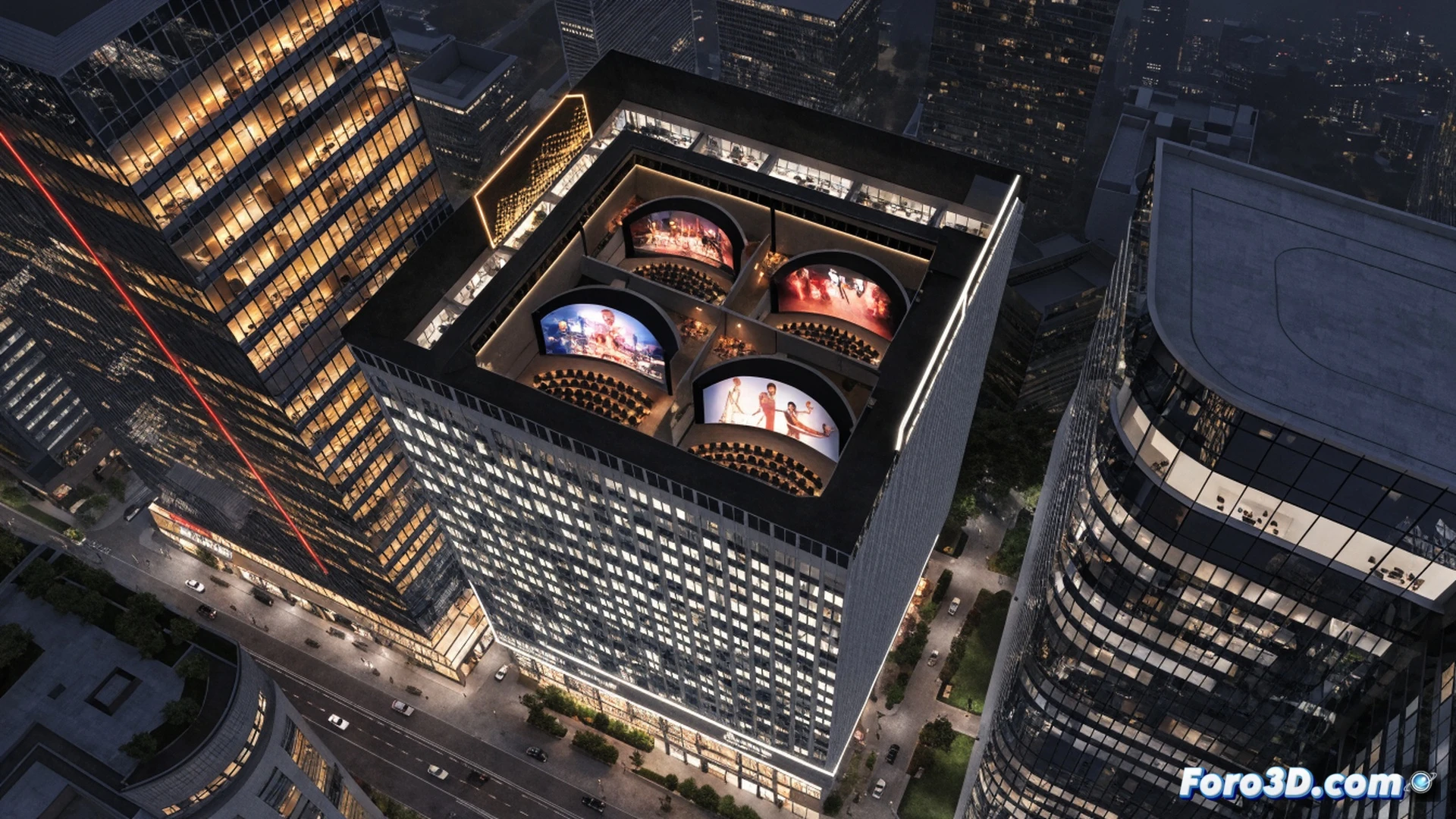 cinematic photorealistic scene of a vast cinema interior being transformed, four empty auditorium seats facing a blank screen, construction workers measuring walls with laser tools and tablets, office partitions being dismantled, exposed ceiling ducts and wiring, bright renovation lights casting shadows, dust particles floating in beams, architectural blueprints unrolled on floor, hard hats and safety vests visible, industrial fans running, dramatic industrial lighting, ultra-detailed textures of concrete and fabric, technical engineering visualization