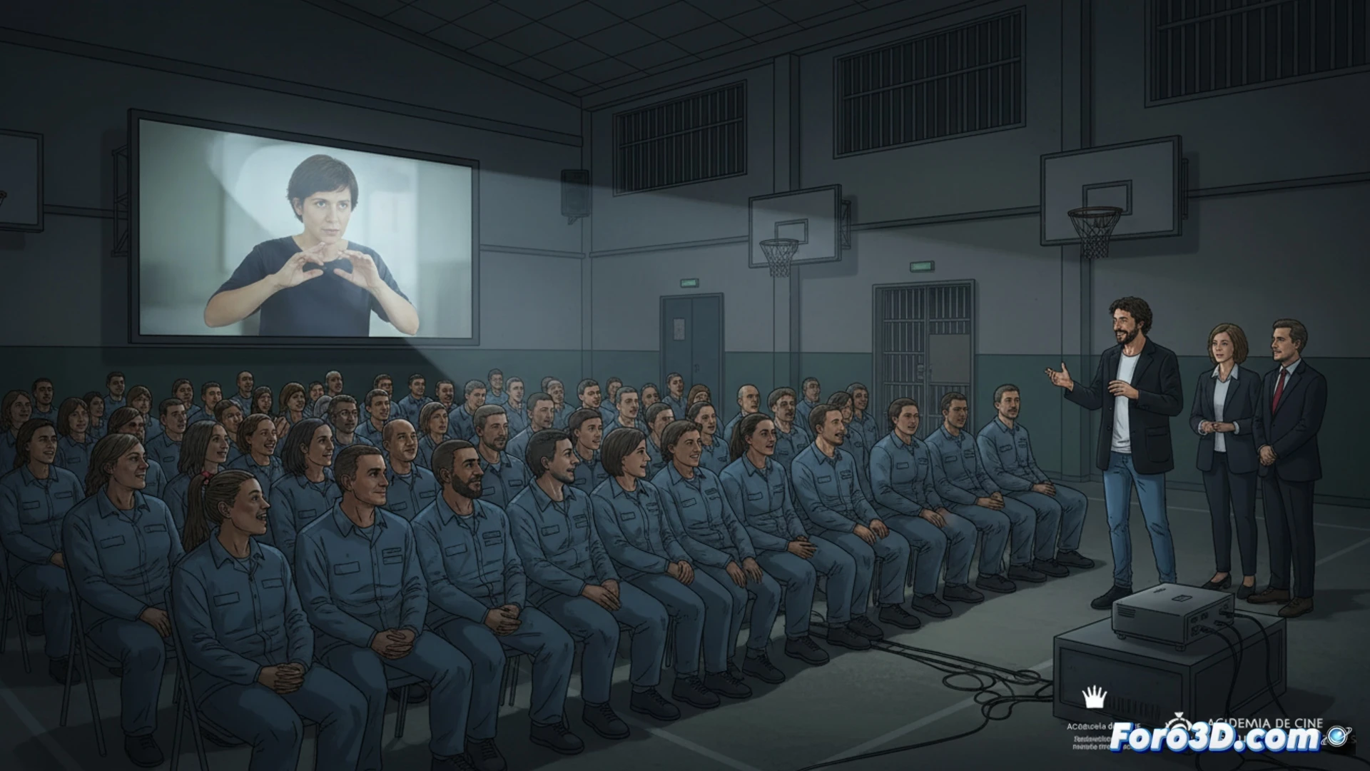cinematic scene inside prison workshop room, 250 inmates seated in rows facing a large projection screen showing sign language close-up, actor Álvaro Cervantes standing center stage with microphone in hand, engaging in dialogue during post-film Q&A, prison library shelves filled with books in background, subtle blue-gray institutional walls, warm spotlight on stage, audience faces illuminated by screen glow, photorealistic documentary style, shallow depth of field, emotional atmosphere of cultural exchange, technical projector beam cutting through dim air, realistic prison architecture details