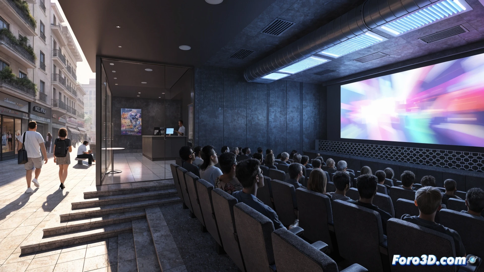 Cinematic wide shot of a crowded cinema lobby in Paris during a heatwave, audience fanning themselves with tickets, a massive digital marquee showing sold-out screenings, sweat droplets on skin, people rushing toward air-conditioned doors, glowing red thermometer on wall reading extreme heat, vintage French cinema posters blurred in background, photorealistic style, warm amber lighting contrasting with cool blue light spilling from theater interior, condensation on glass doors, discomfort on faces while relief is visible inside, ultra-detailed textures of fabric and skin, dramatic summer atmosphere