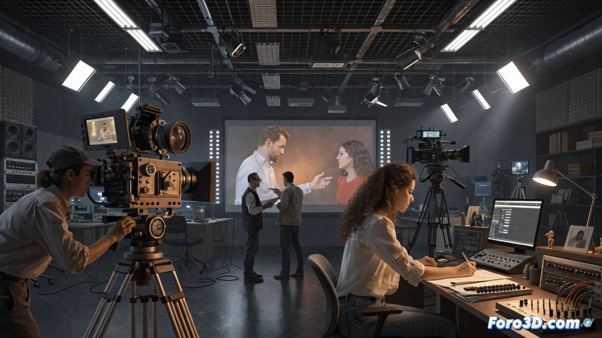 independent film producers gathered around a conference table in a ministry meeting room, one pointing at a printed legal document with red markup marks, others holding tablets showing film production budget graphs, a clapperboard and camera lens on the table, cinematic photorealistic style, warm office lighting, tense negotiation atmosphere, modern Spanish government interior, wooden panelling, blurred background with ministry logo on wall, ultra-detailed textures on paper and devices, dramatic shadows from pendant lights, technical illustration aesthetic