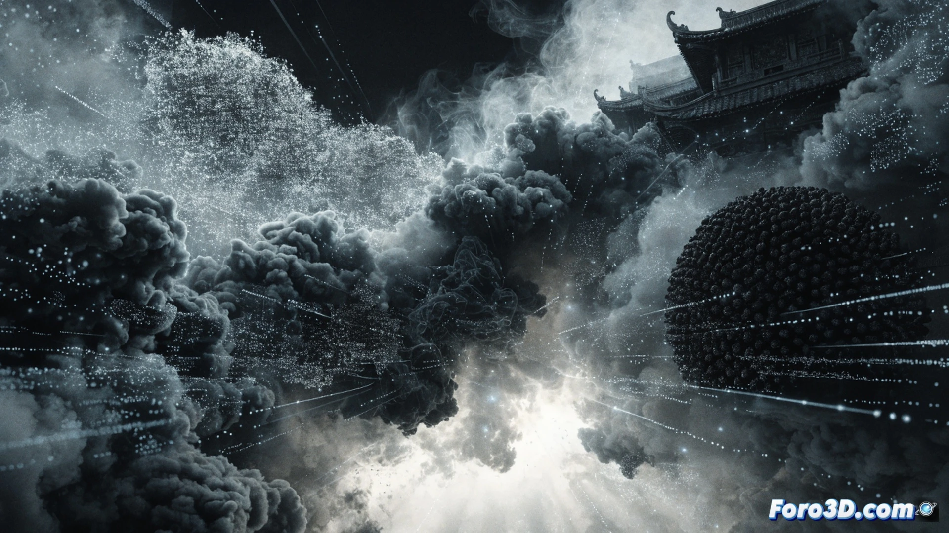 digital smoke particles merging with glowing coal embers inside a Vietnamese temple, a transparent holographic interface floating mid-air displaying real-time data streams, traditional incense sticks burning while pixelated light trails dance around them, cinematic technical visualization, dark atmospheric room with warm amber light, smoke swirling into geometric patterns, micro-narratives visible as tiny glowing symbols within each particle, photorealistic engineering render, ultra-detailed carbon dust and digital fog interaction, dramatic chiaroscuro lighting