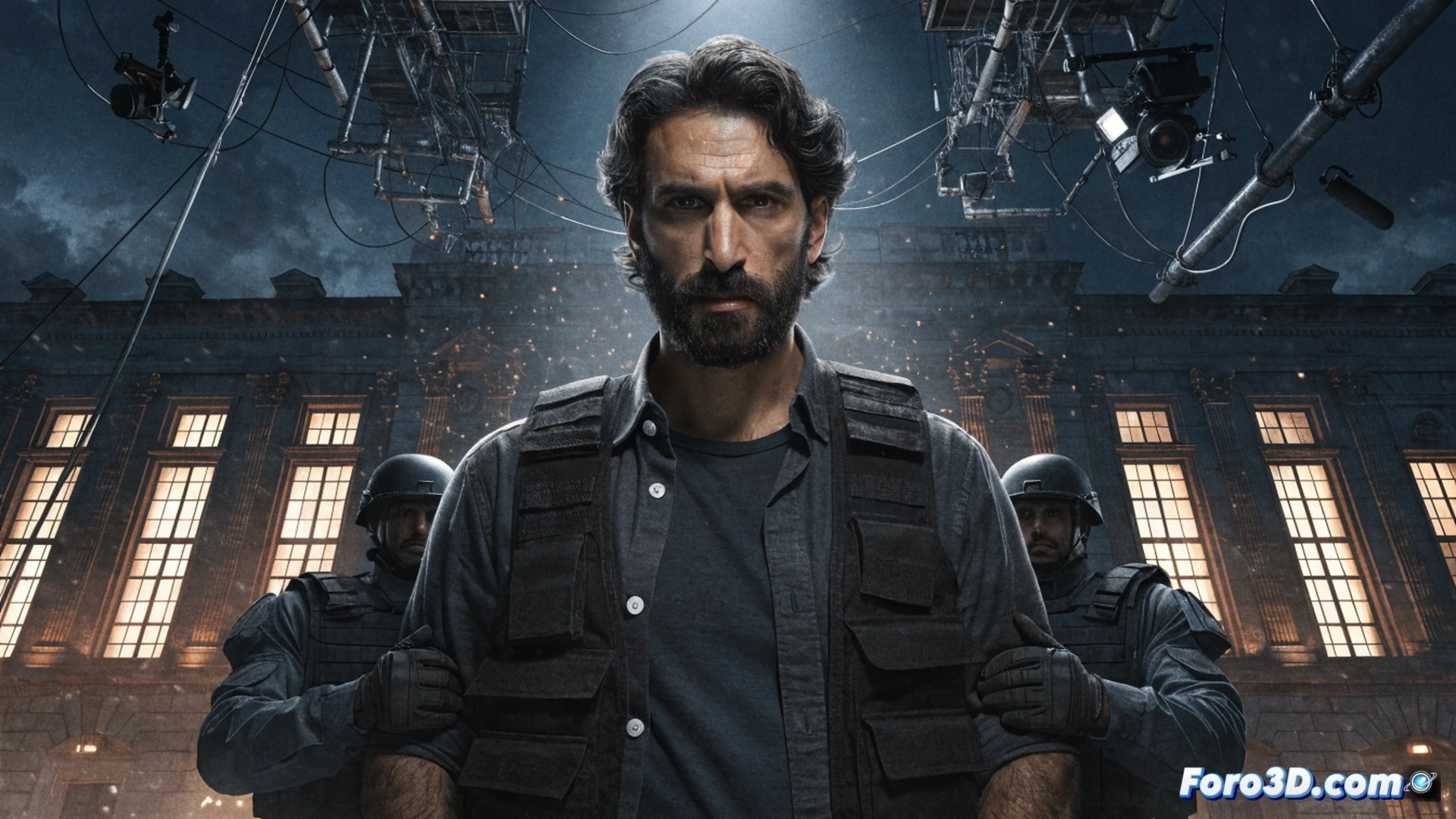 cinematic photorealistic scene of a man in a dark room facing a laptop screen showing a digital map of Syria with question marks overlaid on financial aid routes, his hands raised in confusion while a shadowy figure in military uniform watches from behind, scattered banknotes and a broken camera on the desk, dramatic low-key lighting, cold blue and amber tones, ultra-detailed textures on the laptop keyboard and wall cracks, tense atmosphere, high-contrast shadows, technical illustration style