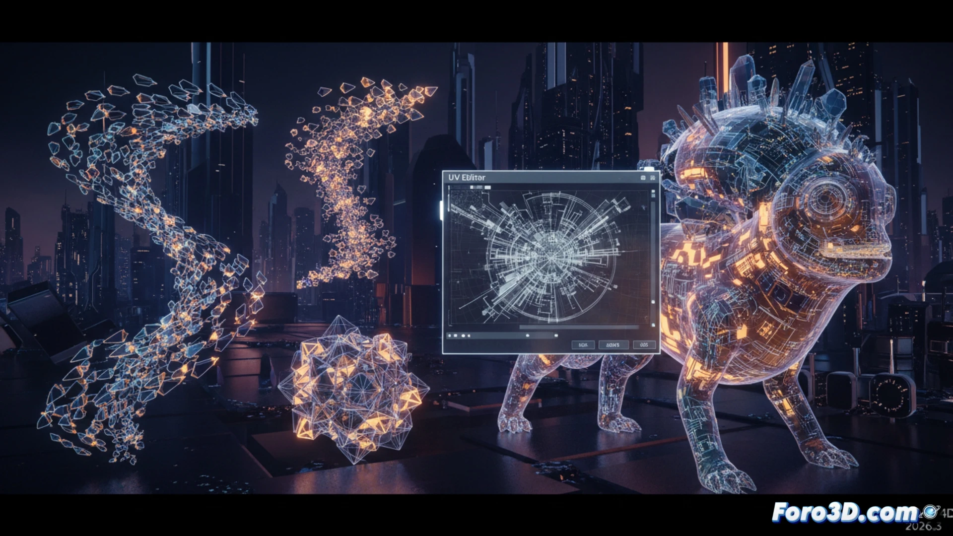 Cinema 4D interface showing a 3D character model with its UV map being unwrapped in real-time inside the new UV Editor, while a Cloner object distributes metallic spheres along a curved track using Rivet and Edge modes, motion graphics splines connecting cloned elements, glowing wireframe overlays on a dark grey workspace, split-screen view comparing old and new UV workflows, technical illustration style with clean polygon edges, soft blue ambient light highlighting tool icons, photorealistic render with subtle depth of field