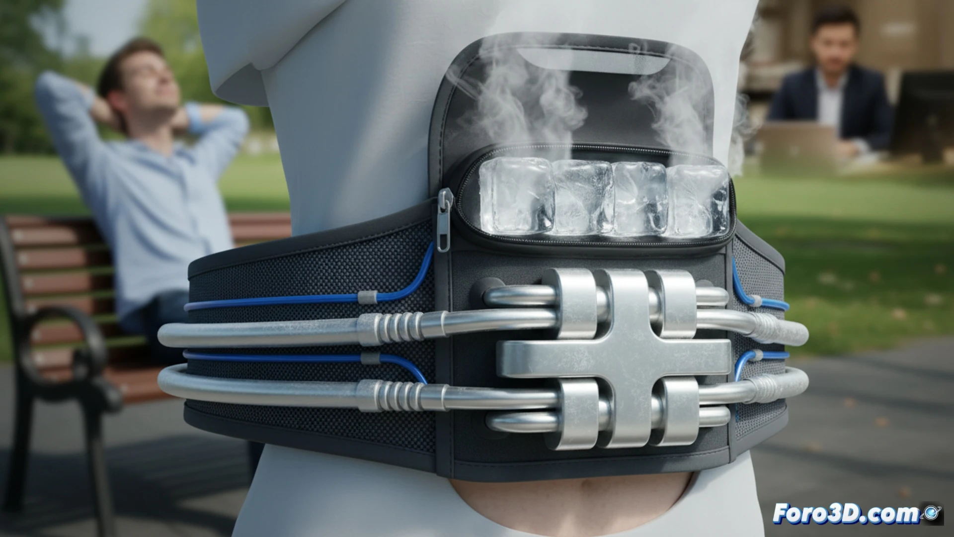close-up shot of a person sitting at a desk, wearing a technical belt with an ice pack compartment, aluminum cooling tubes visible along the belt surface, cold vapor rising from the lumbar area, 3D-printed buckle with integrated heat-sink fins, sweat droplets on lower back skin, direct contact cooling action, cinematic engineering visualization, photorealistic industrial lighting, metallic and plastic textures, blue-tinted cold glow, ultra-detailed mechanical components, performance cooling demonstration