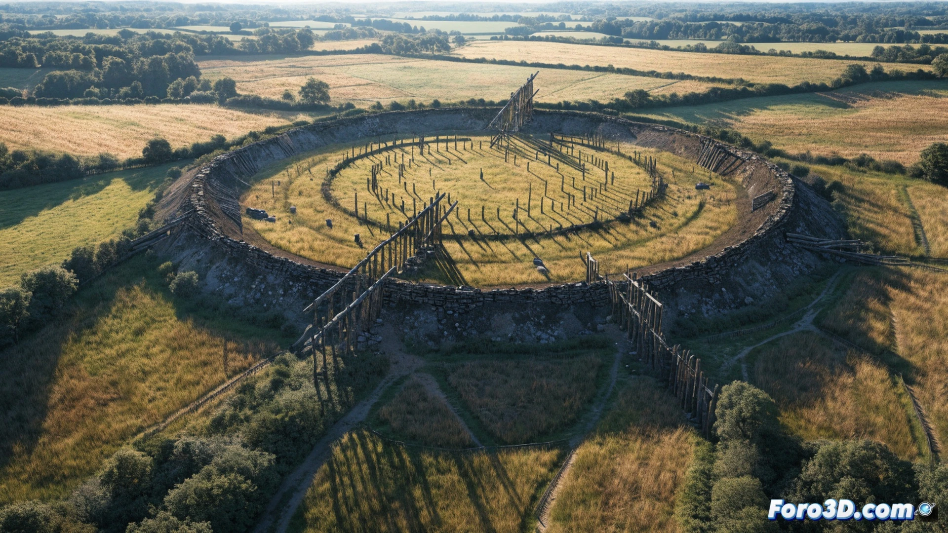 neolithic wooden observatory at sunrise during winter solstice, 75-meter circular earthwork with three precisely aligned gates, wooden palisade posts casting long shadows across the site, ancient farmers observing the sun rising through a gate opening while using notched bone tools and stone markers to record the alignment, cinematic photorealistic technical illustration, golden low-angle sunlight, mist rising from the frost-covered ground, ultra-detailed timber textures, atmospheric haze, dramatic historical reconstruction lighting, 8K architectural visualization