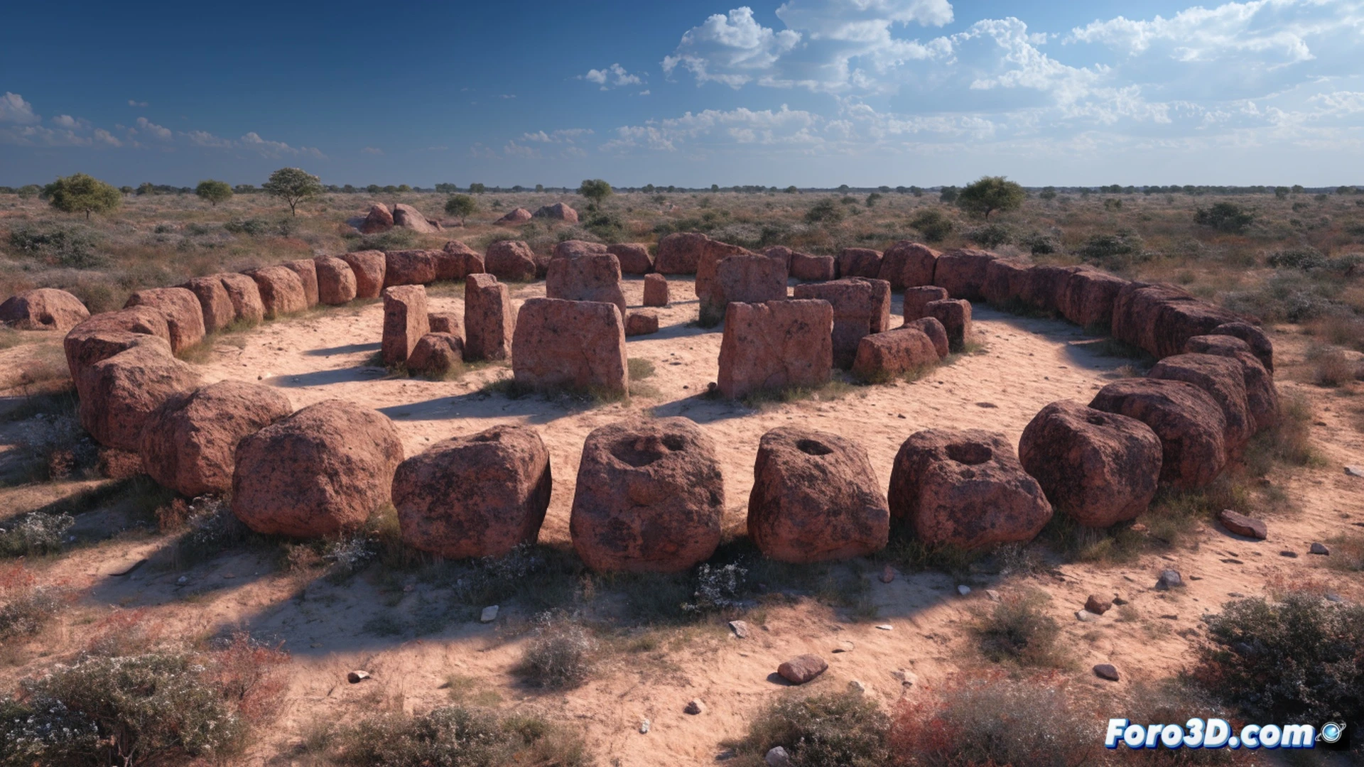 Círculos de piedra de laterita rojiza en una sabana abierta durante el amanecer, arqueólogos examinando una estela vertical con herramientas de medición láser, polvo levantado por el viento mientras un dron sobrevuela el sitio mapeando la necrópolis, mostrando el proceso de documentación técnica, piedras erosionadas con marcas de herramientas antiguas visibles, vegetación seca rodeando los monolitos, estilo cinematográfico fotorrealista, iluminación dorada y sombras alargadas, atmósfera misteriosa y científica