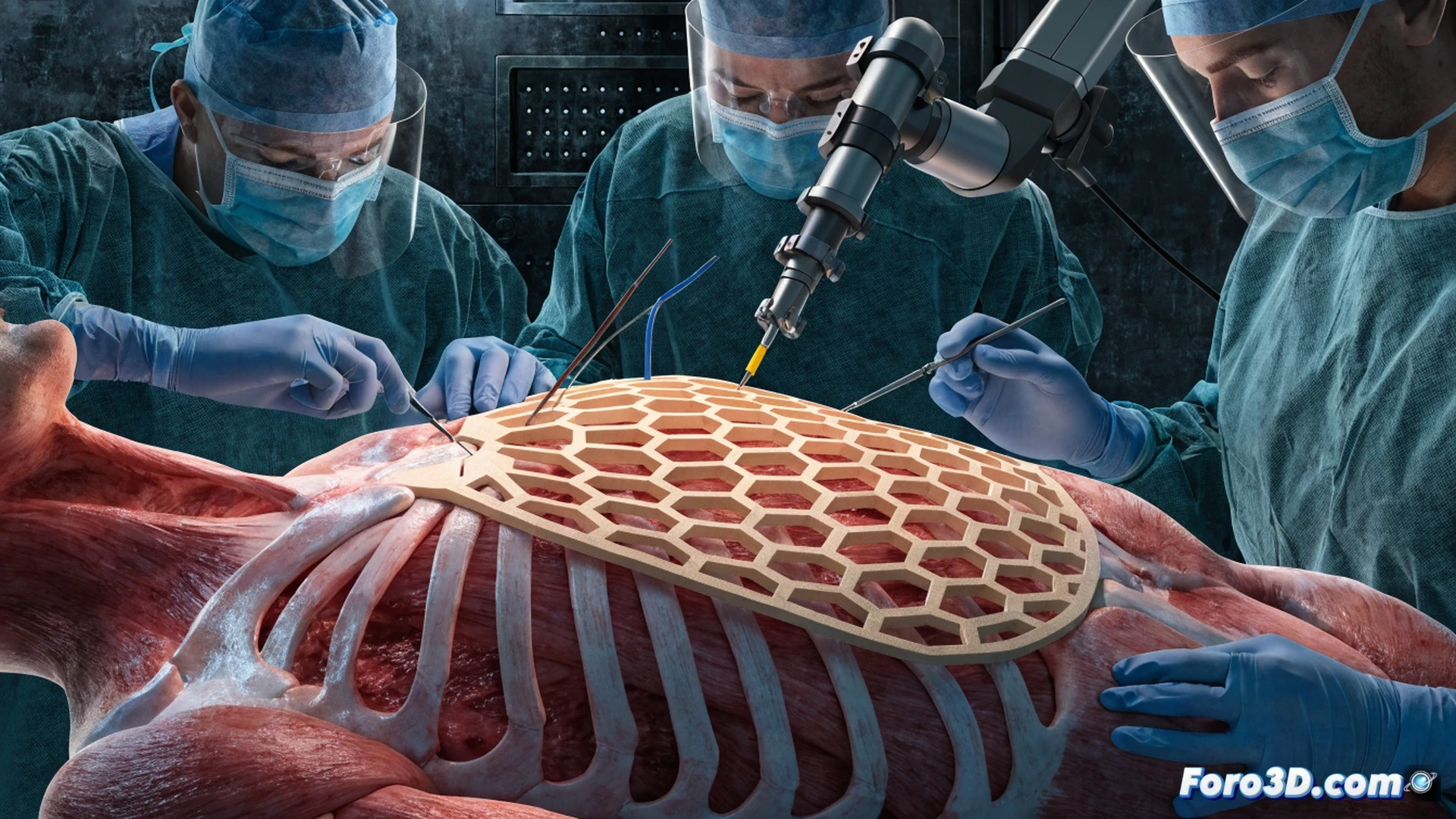 Pectus excavatum correction surgery using 3D printed custom implant, surgeon placing transparent biocompatible implant into chest cavity during minimally invasive procedure, augmented reality headset showing patient thoracic anatomy overlay, robotic surgical arm holding implant positioning tool, blue digital holographic scan of rib cage floating above operating table, sterile blue surgical drapes, bright LED surgical lighting, monitor displaying real-time 3D modeling software interface, cinematic medical visualization, photorealistic technical illustration, sharp focus on implant insertion point, dramatic cool clinical lighting, detailed surgical instruments and carbon fiber tools