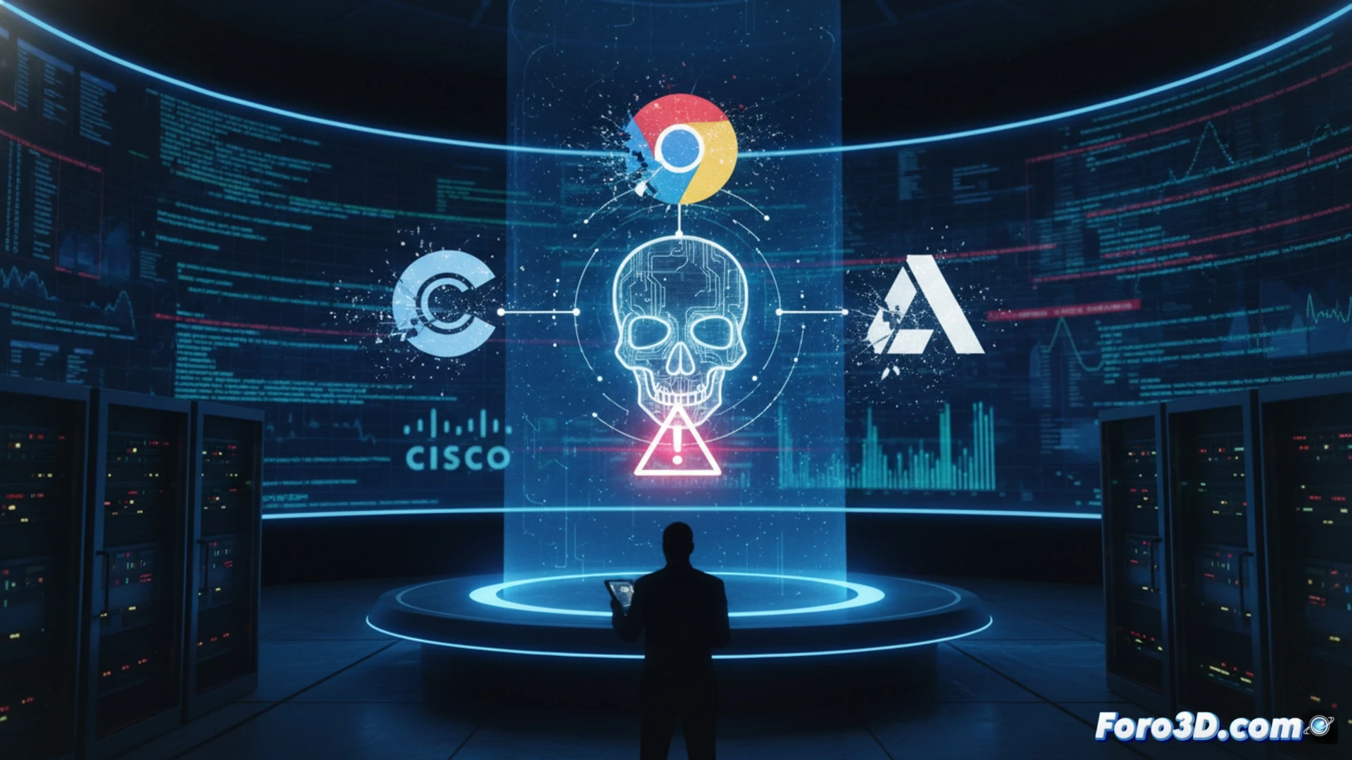 Cisco router motherboard with glowing red exploit path, Chrome browser interface showing active zero-day compromise, Arista network switch with flashing warning lights, security dashboard displaying CISA alert and unpatched vulnerabilities, administrators rushing to apply urgent patches, firewall logs showing intrusion attempts, technical illustration style, photorealistic engineering visualization, dramatic red and blue emergency lighting, detailed circuit board traces, network cables with data flow indicators, high-contrast industrial atmosphere, cinematic security breach scene
