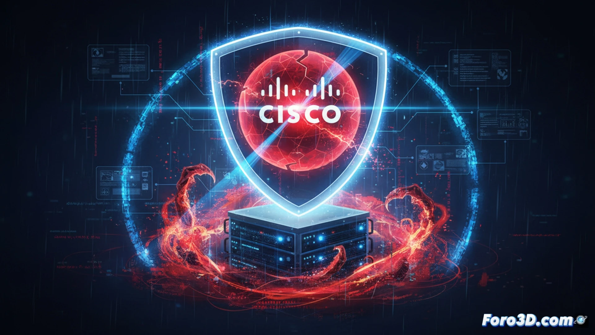 Cisco Unified Communications Manager server rack in a corporate data center, glowing red alert indicator on a network switch, a hooded figure remotely injecting malicious code through a laptop screen showing a terminal with exploit execution, green data streams flowing into the PBX system, lock icons breaking apart over the call management interface, dramatic red and blue emergency lighting, photorealistic technical visualization, cables and blinking LEDs emphasizing active network intrusion, cinematic security breach scene, ultra-detailed hardware components