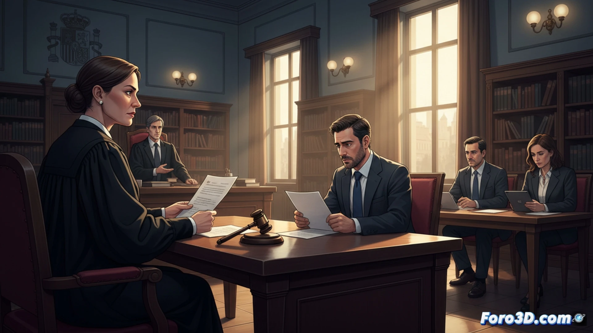 Madrid courtroom interior, judge's bench with legal documents, Alberto Gonzalez sitting at witness table while digital screens display blurred journalist profiles, forensic data analyst pointing at server rack showing leaked files, glowing blue lines tracing data flow from government computer to newspaper, cinematic photorealistic style, dramatic shadows from venetian blinds, polished wood surfaces reflecting LED light, tense atmosphere, detailed legal tech environment