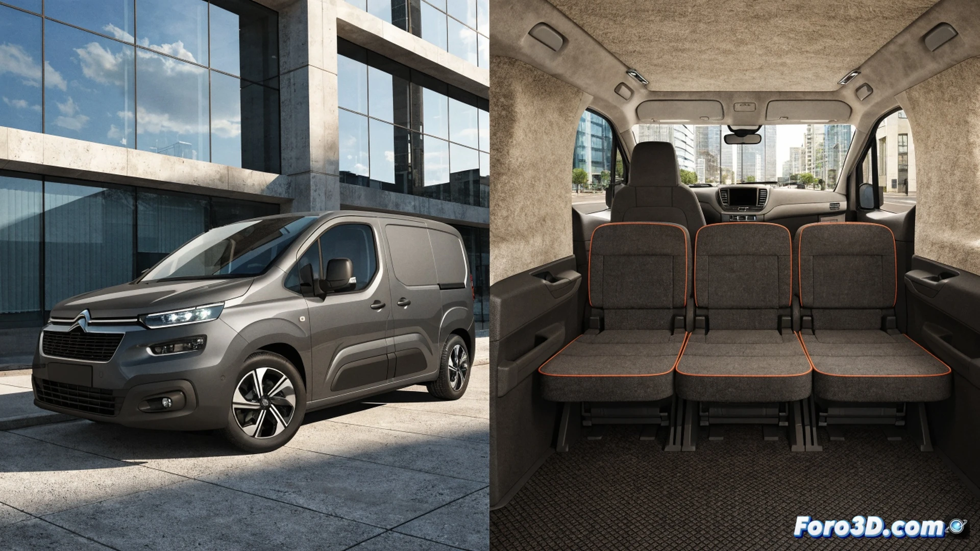 Citroën Berlingo Van First interior modular transformándose, asiento del pasajero plegado verticalmente mientras un profesional solitario coloca una caja de herramientas sobre la superficie plana, espacio de carga de 4,4 metros cúbicos visible, soporte de carga de una tonelada mostrando un cargamento de materiales, oficina móvil desplegada con tableta y cuadernos sobre el asiento abatido, luz diurna industrial filtrándose por la ventana lateral, texturas de tapicería resistente y suelo antideslizante, estilo fotorealista de catálogo técnico, composición cenital con ángulo de 45 grados, iluminación suave de estudio, detalles metálicos en anclajes de carga