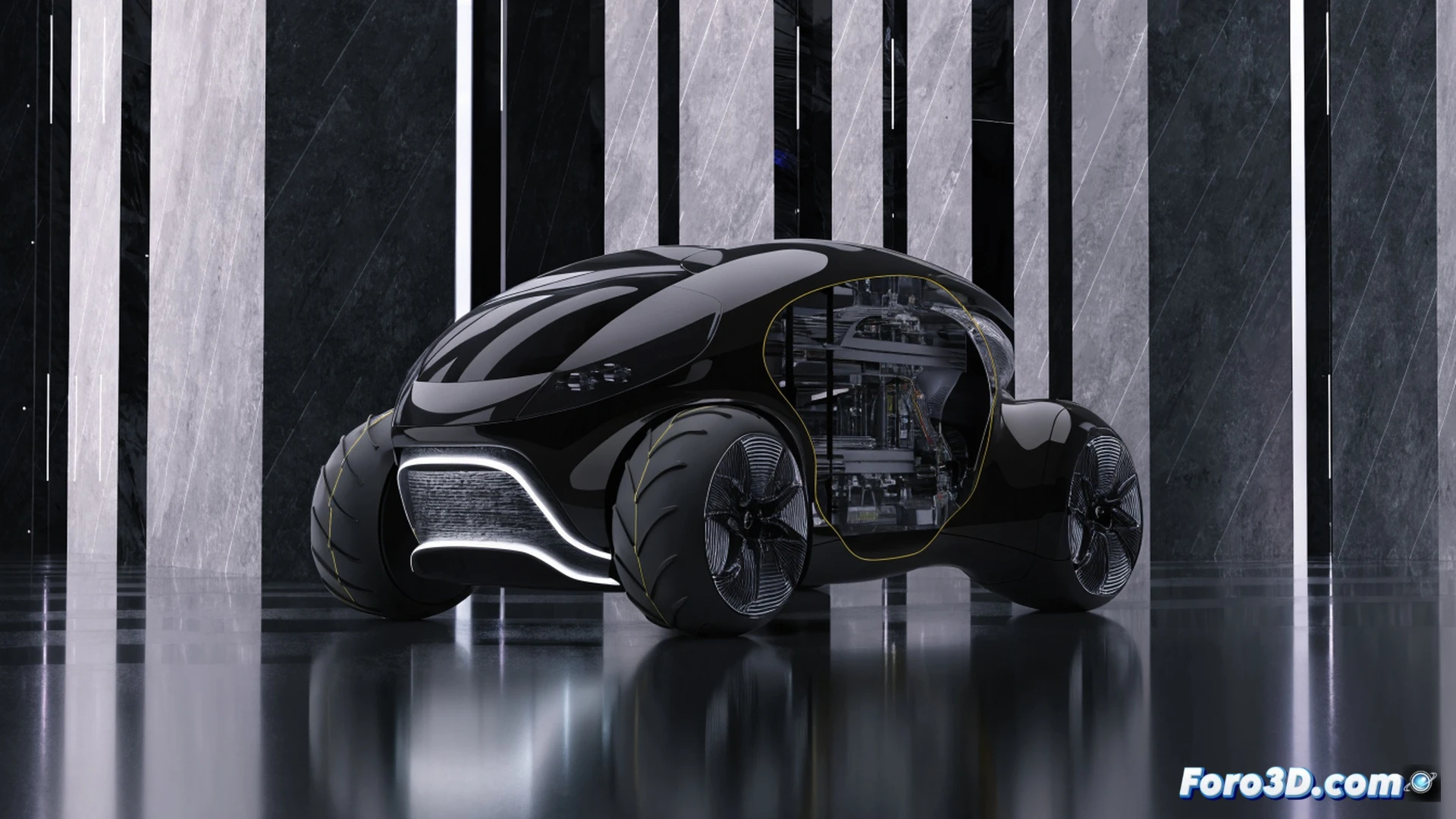 Three engineering students in white lab coats huddling around a holographic 3D model of a compact futuristic city-car, one student adjusting aerodynamic side panels on a digital twin interface, another analyzing energy flow data on a transparent touchscreen, a third pointing at a battery module inside a partially assembled chassis, bright workshop lighting reflecting off carbon fiber body panels, tools and wiring harnesses visible on a clean workbench, photorealistic technical illustration, cinematic depth of field, clean metallic surfaces, blue LED accents on the vehicle prototype, dynamic collaborative action, engineering visualization style