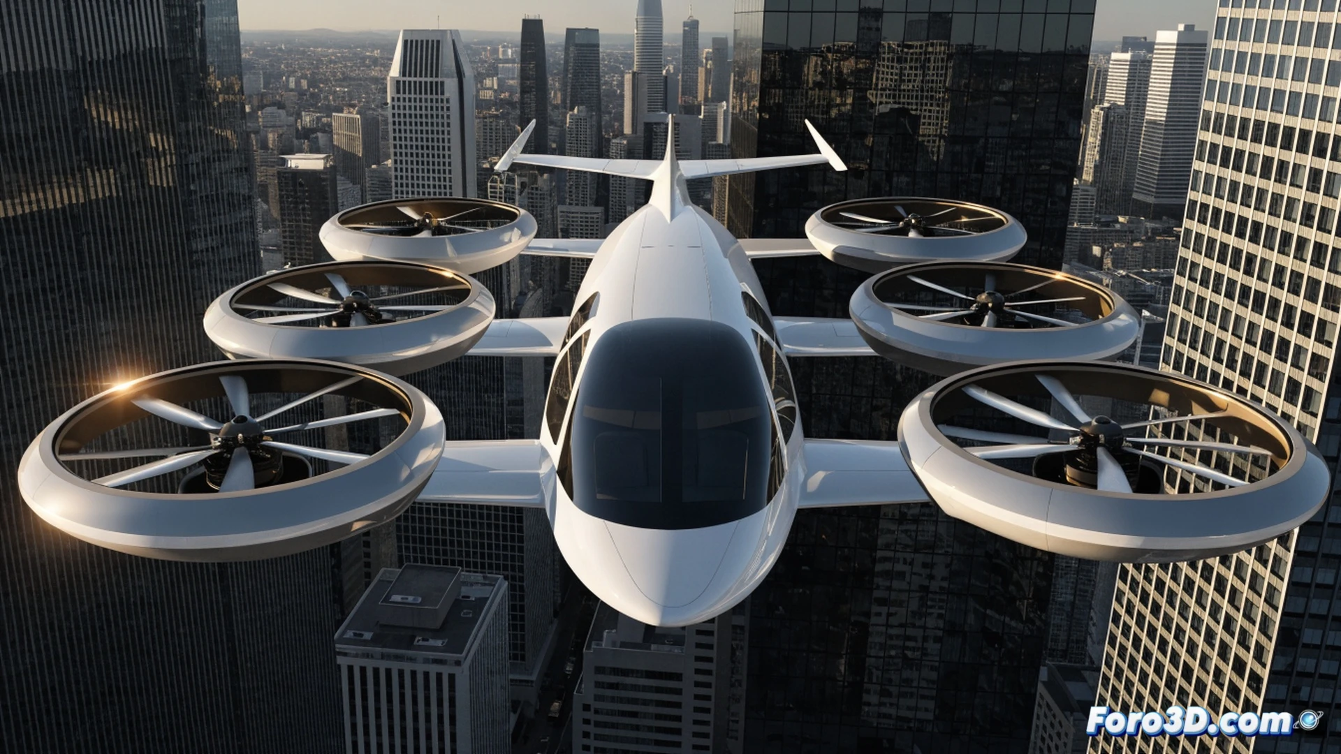 CityAirbus NextGen eVTOL descending onto a rooftop helipad at dusk, eight electric rotors spinning silently, wings and V-tail reflecting city lights, four passenger seats visible through transparent cabin, landing gear deploying, motion blur on rotor tips, glowing blue LED strips along fuselage, distant skyscrapers and bridges in background, cinematic photorealistic engineering visualization, ultra-detailed composite materials, dramatic low-angle lighting, sharp focus on aerodynamic surfaces, subtle particle trails showing minimal dust disturbance