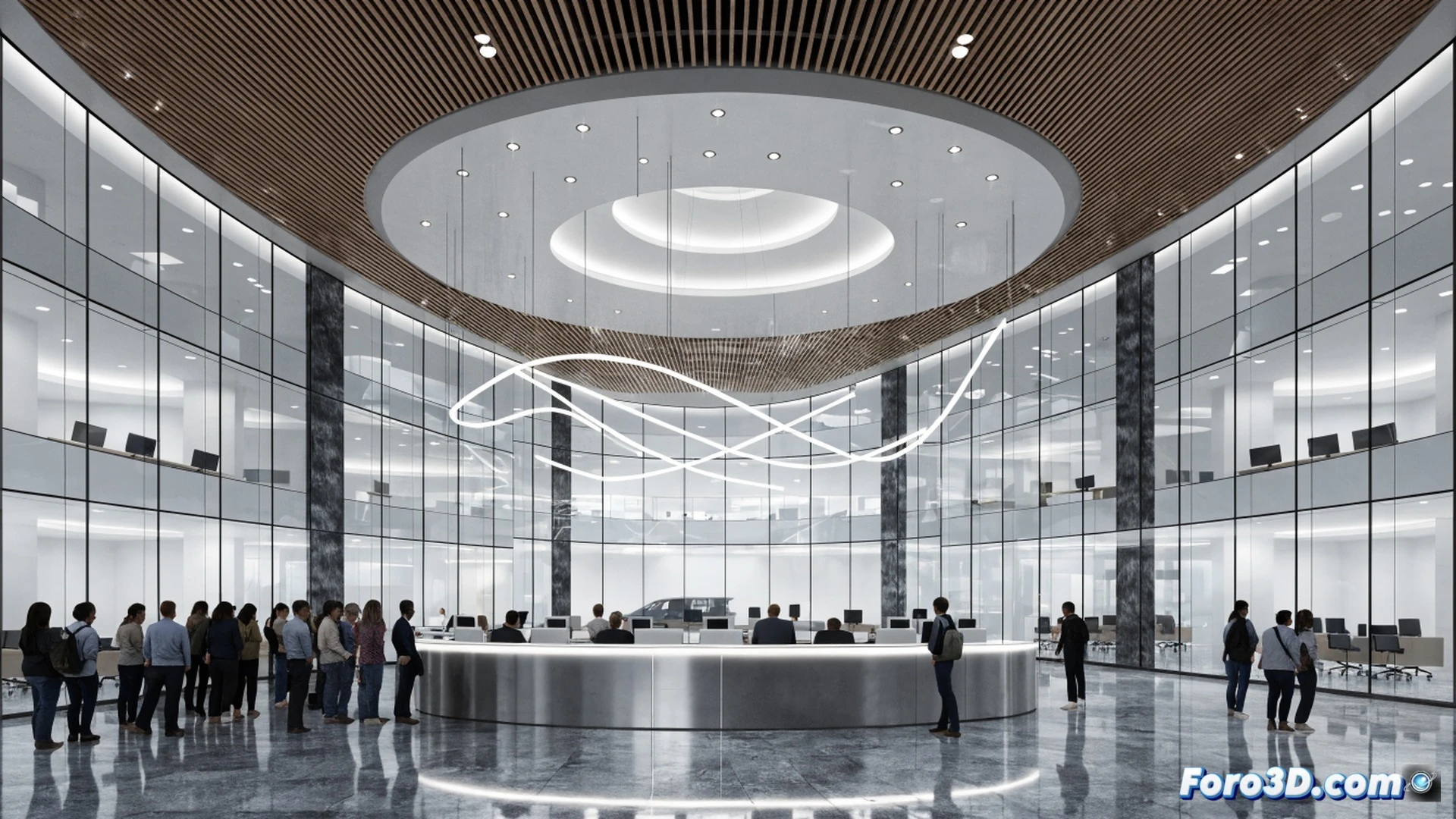 Modern citizens at a single counter in a bright open-plan administrative hall, passing documents through a glass window while a large digital screen shows unified tax and public service icons merging into one central hub, workflow software interface visible on a tablet, streamlined office furniture, minimal queues, people smiling while receiving completed forms, photorealistic architectural visualization, warm natural light from floor-to-ceiling windows, clean modern interior design, calm efficient atmosphere, ultra-detailed textures, cinematic composition