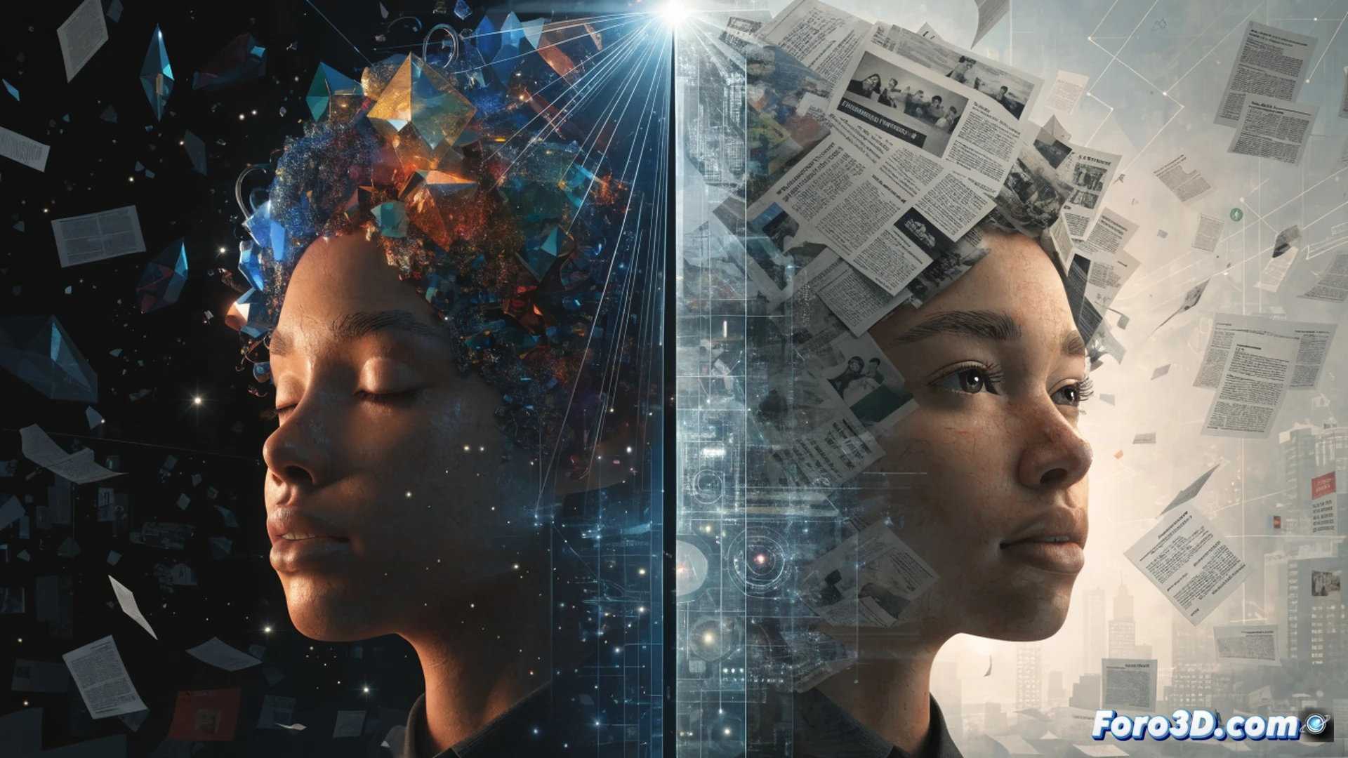 Photorealistic cinematic scene of a person sitting at a messy desk, smartphone in one hand while the other hand holds a magnifying glass over a glowing digital news headline on a tablet, tiny filter icons and broken chain symbols floating above the device, a pile of popcorn kernels scattered next to a coffee mug labeled with a gear icon, background showing a blurred classroom blackboard with erased chalk traces of a brain and a book, dramatic side lighting casting shadows, ultra-detailed textures of plastic, glass, and paper, technical illustration style emphasizing analytical tools versus fast consumption.