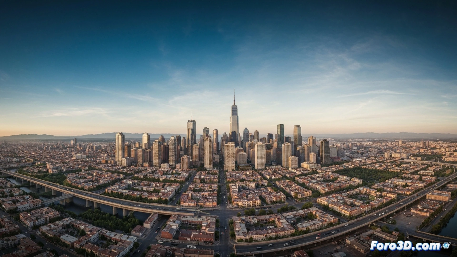 Aerial view of a fractured megacity skyline under dual suns, one pale and one fiery red, massive ice sheets creeping over skyscrapers while desert dunes encroach on the opposite side, electrical grid pylons leaning and sparking, cracked water pipelines rupturing through asphalt, emergency transport drones weaving between collapsing highway overpasses, photorealistic cinematic doomscape, dramatic low-angle light from the errant star casting long shadows, ultra-detailed infrastructure failure, chaotic atmospheric haze, hyperrealistic technical illustration