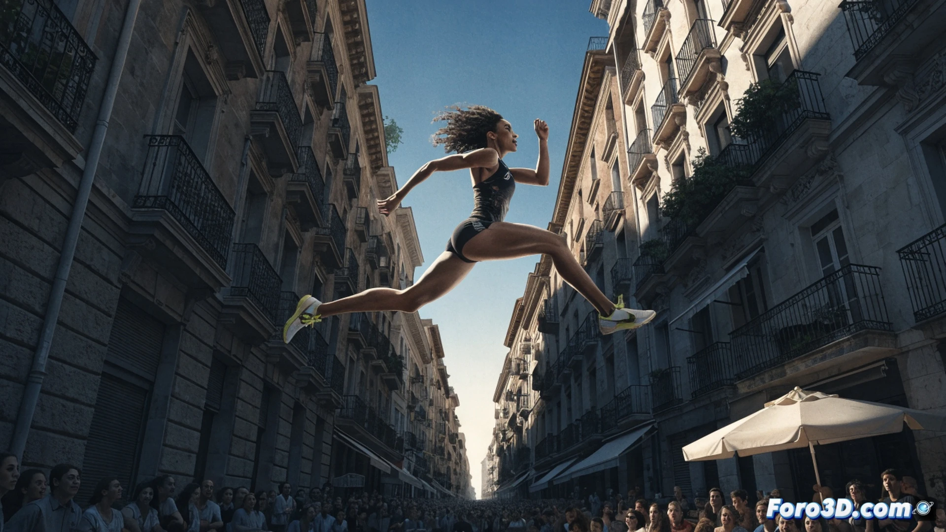 Atleta femenina en plena carrera de 200 metros sobre pista sintética roja, zancada potente con máxima extensión, cronómetro digital gigante en el fondo marcando 23.03 segundos, vallas de viento en los bordes, público borroso en las gradas, estadio al aire libre con luz de atardecer, músculos tensos y ropa de competición ajustada, zapatillas de clavos en el suelo, línea de meta blanca cruzando la imagen, movimiento congelado con ligero desenfoque de fondo, estilo cinematográfico hiperrealista, iluminación dramática con sombras alargadas, textura detallada de la pista y la vestimenta, fotografía deportiva técnica.