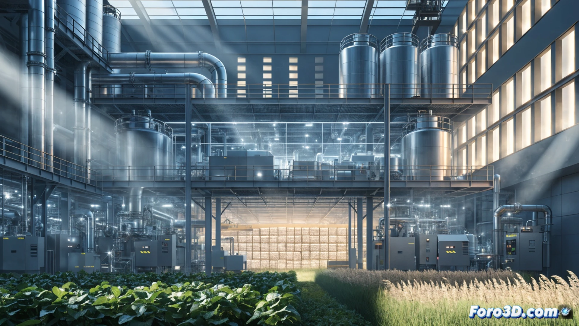 Modern agricultural research center expansion, robotic arm analyzing soil samples under LED grow lights, precision irrigation system demonstrating water flow control, drone mapping crop fields through panoramic window, engineers in white coats monitoring holographic yield data projections, construction cranes lifting steel beams for new laboratory wing, photorealistic technical visualization, morning sunlight streaming through glass facade, detailed mechanical components, glowing digital displays, hyperrealistic textures, cinematic depth of field